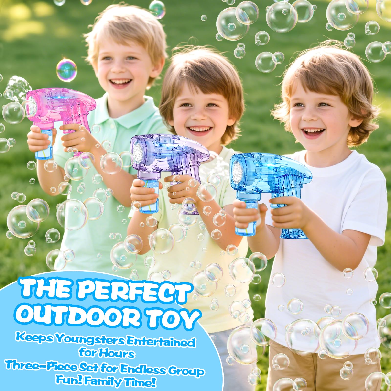 3 Pistola Pistola Burbujas, Pistola De Burbujas para Niños, con 6 Botellas, 3 Bolsas, Solución, Bubble Machine para Juguete De Verano, Actividad Al Aire Libre, Regalos De Fiesta
