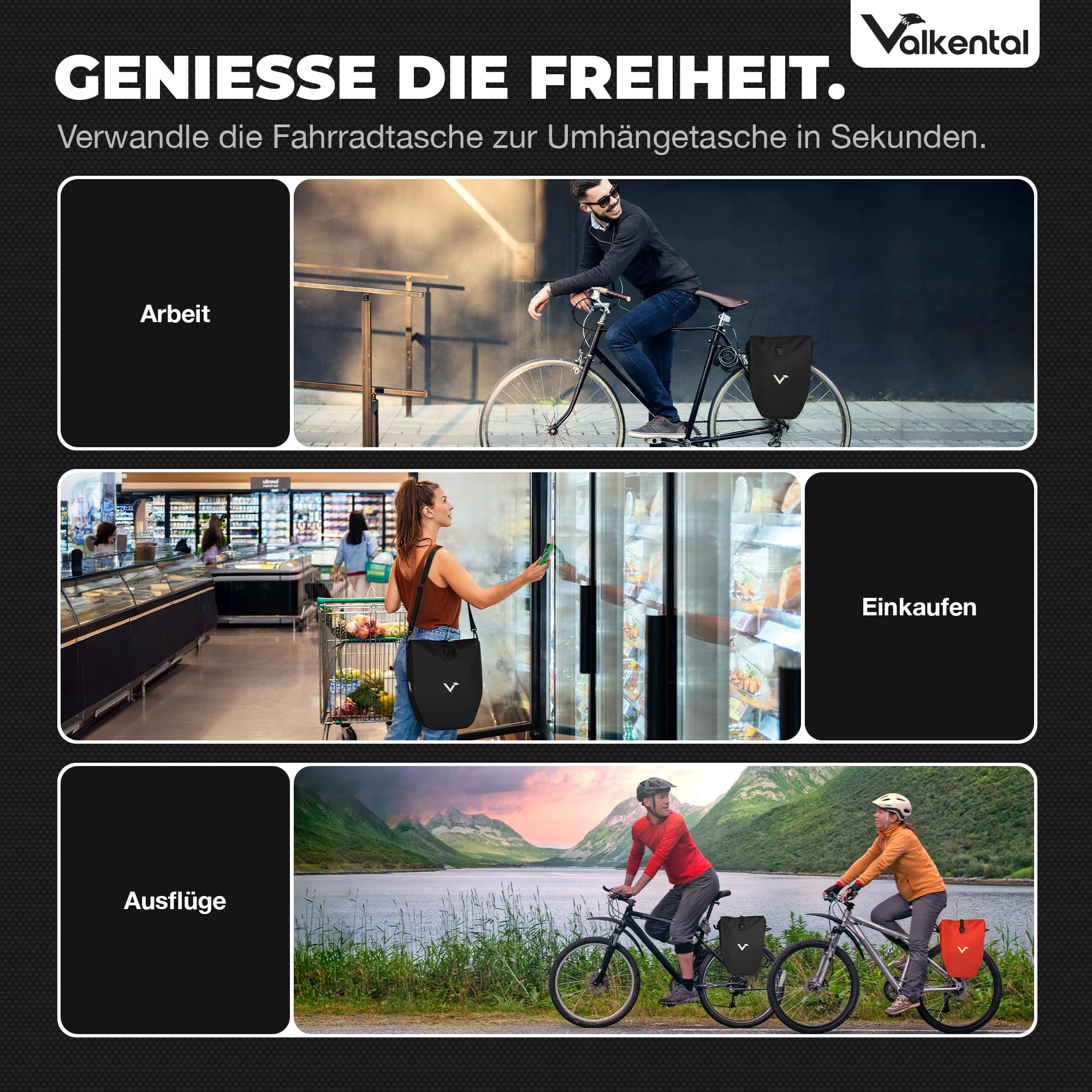 Valkental Große & wasserdichte Gepäckträgertasche - Fahrradtasche für Gepäckträger mit großen Reflektoren [Abschließbar] Bombenfester Sitz - Mehrfach ausgezeichnet - Gefertigt für Langlebigkeit - 3