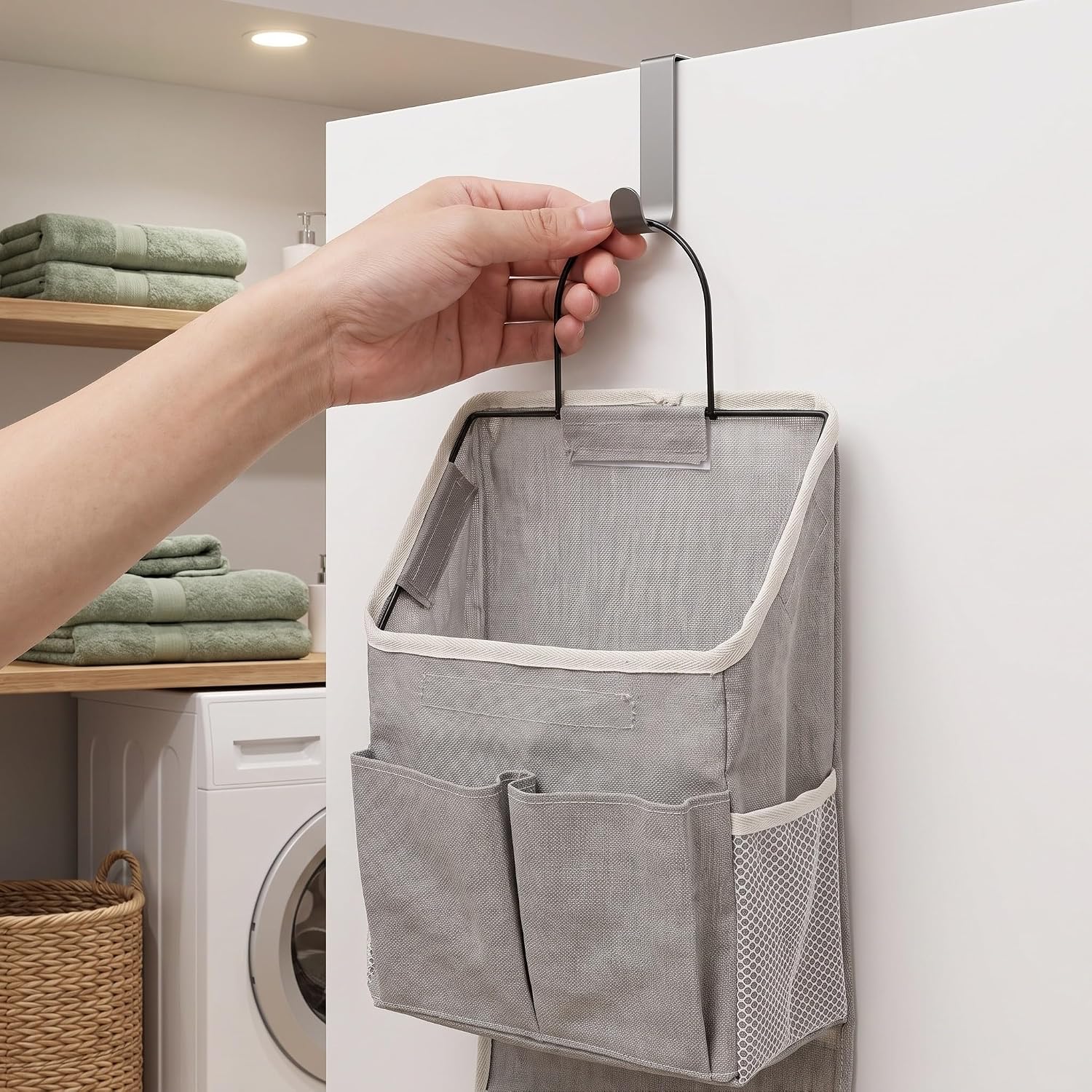 YARNOW 2pcs Wall Hanging Storage Baskets - Door Closet Fabric Pockets Organizer, Lightweight for Living Room Bedroom Bathroom Kitchen Office with Iron Hooks Gray