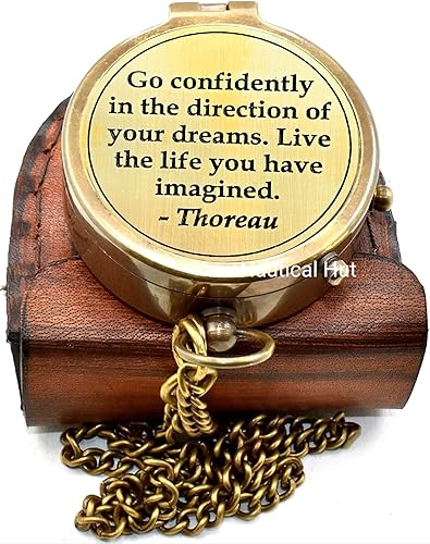 Thoreau's Go - Brújula náutica de bolsillo de latón macizo grabada con confianza con funda de cuero, brújula de latón para hijo, regalos para