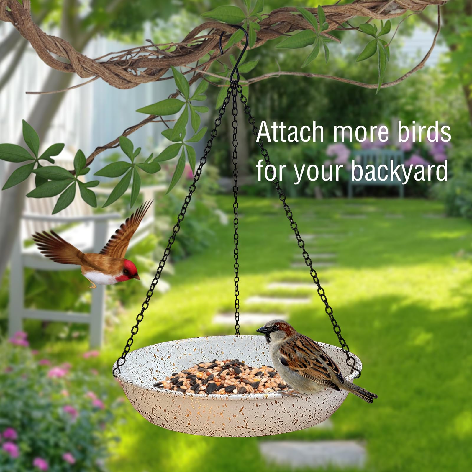 Baños colgantes para pájaros, comedero colgante para pájaros para exteriores, comedero de metal para pájaros silvestres de 11 pulgadas con cadenas negras para decoración de jardín y patio