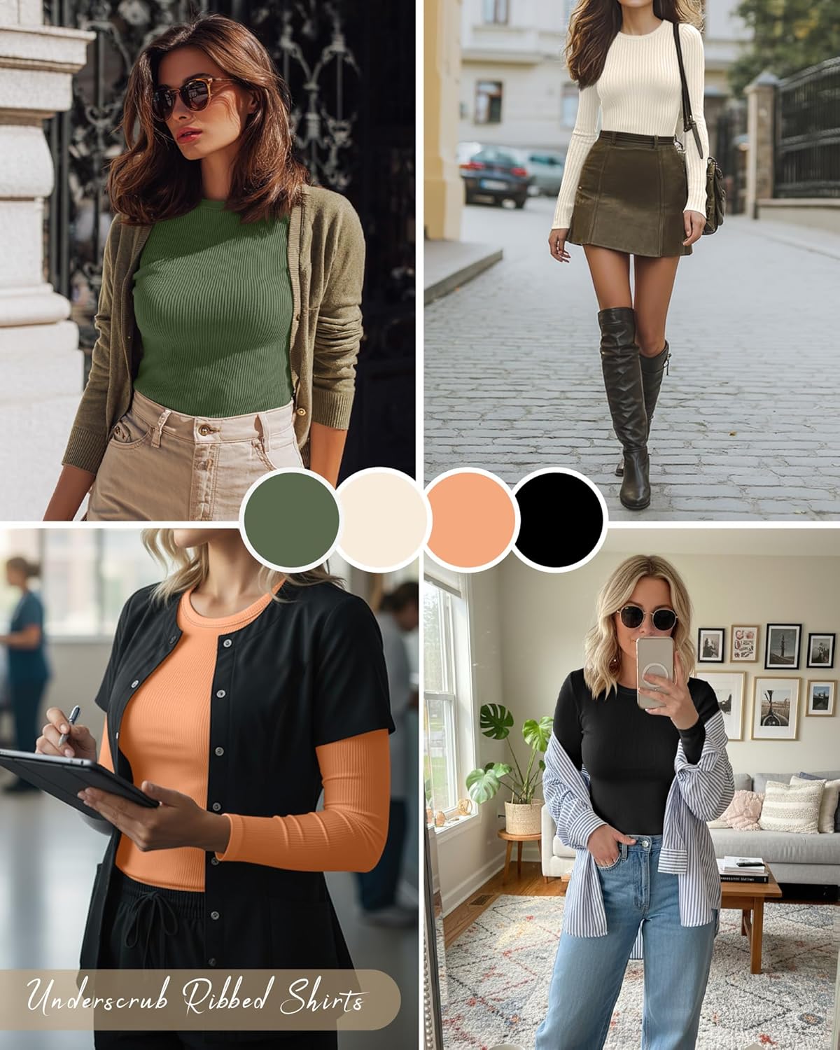 Neer 4 Pack Women's Ribbed Long Sleeve Shirts, Cotton Crew Neck Slim Fit Tops Stretch Knit Casual Base Layer Basic Tee Shirts - Image 2