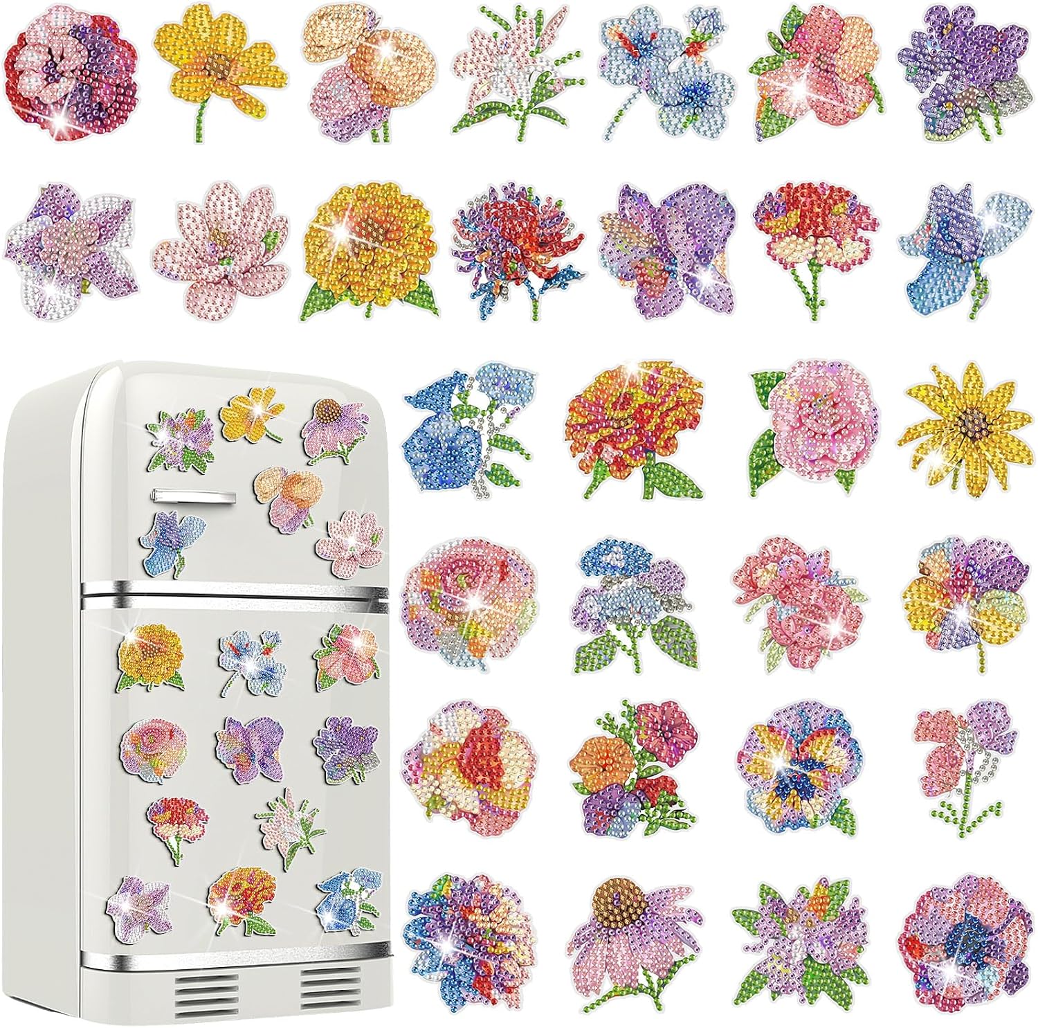 Xuhal 30 Pcs Flower Diamond Painting Magnets Diamond Art Magnet Kits for Adults Colorful Floral Refrigerator Magnetic Sticker 5D Rhinestone Fridge Stickers for DIY Crafts Summer Gifts