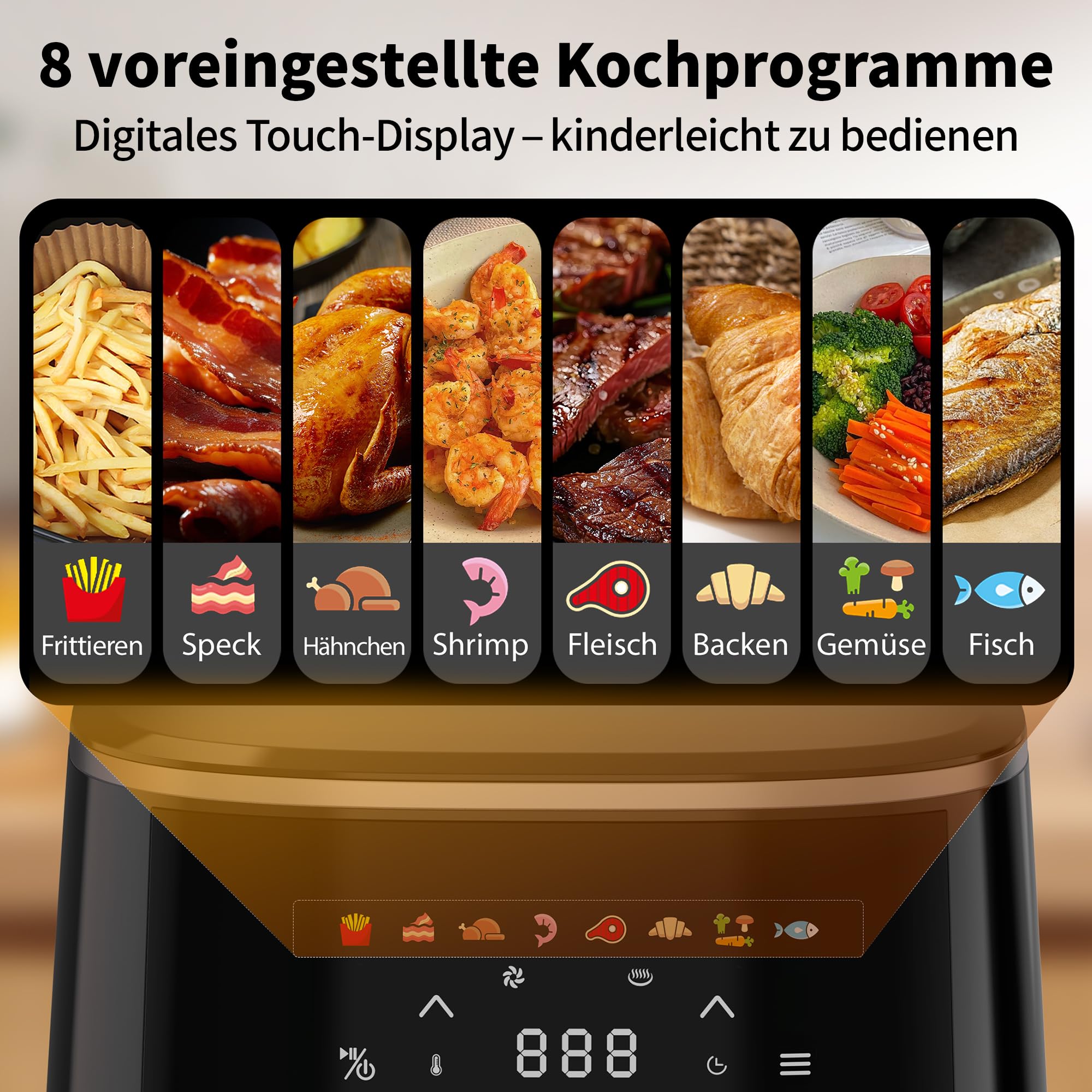 aeco COMPACT AirFryer frytkownica na gorące powietrze z cyfrowym wyświetlaczem dotykowym, 1500 W, regulacja 80°-200°, 8 programów, w zestawie zeszyt z przepisami