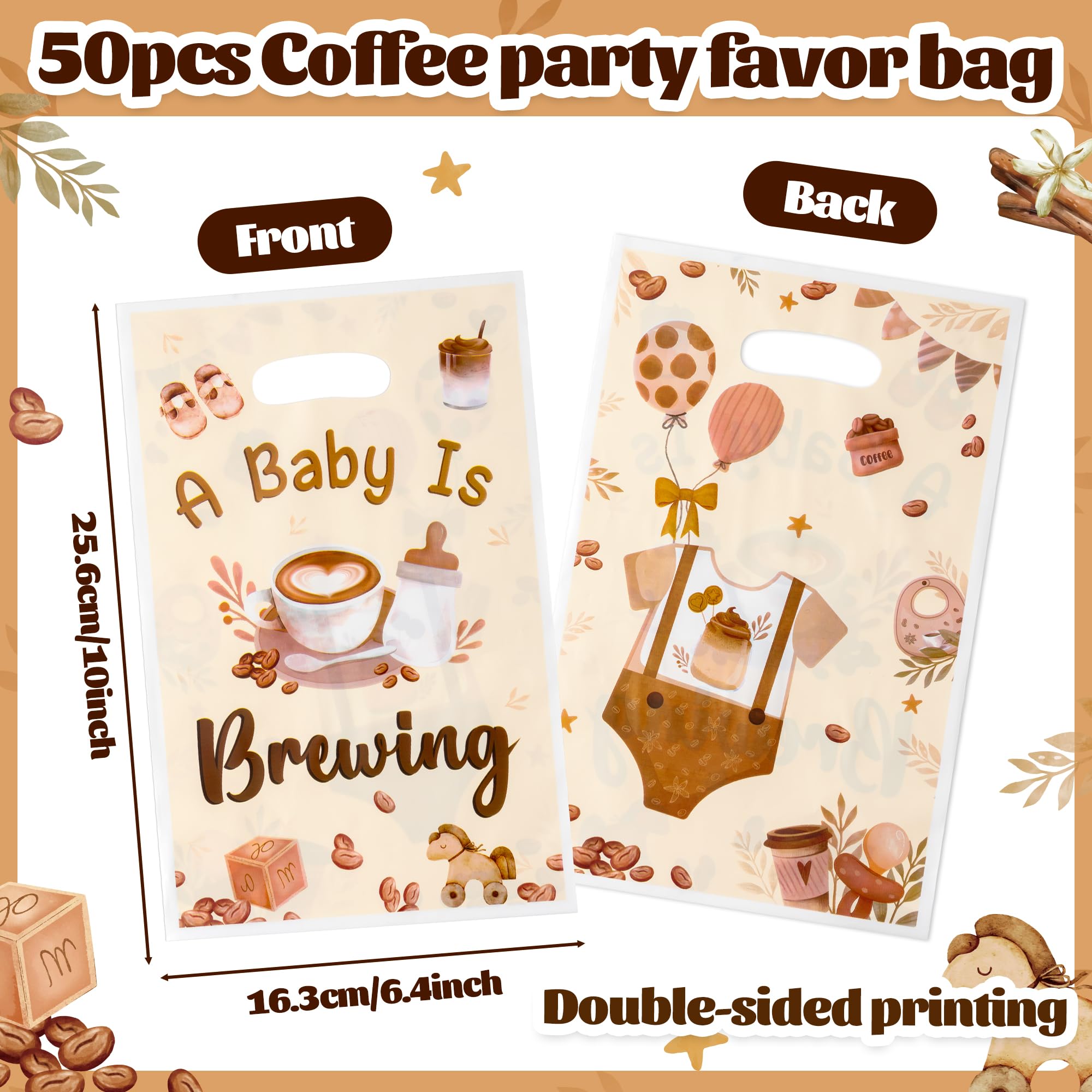 K1tpde 50 bolsas de regalo de fiesta de baby shower, temática de café, bolsas de regalo de plástico marrón a granel con asa para niños, decoración de cumpleaños de bebé en flor para embarazo