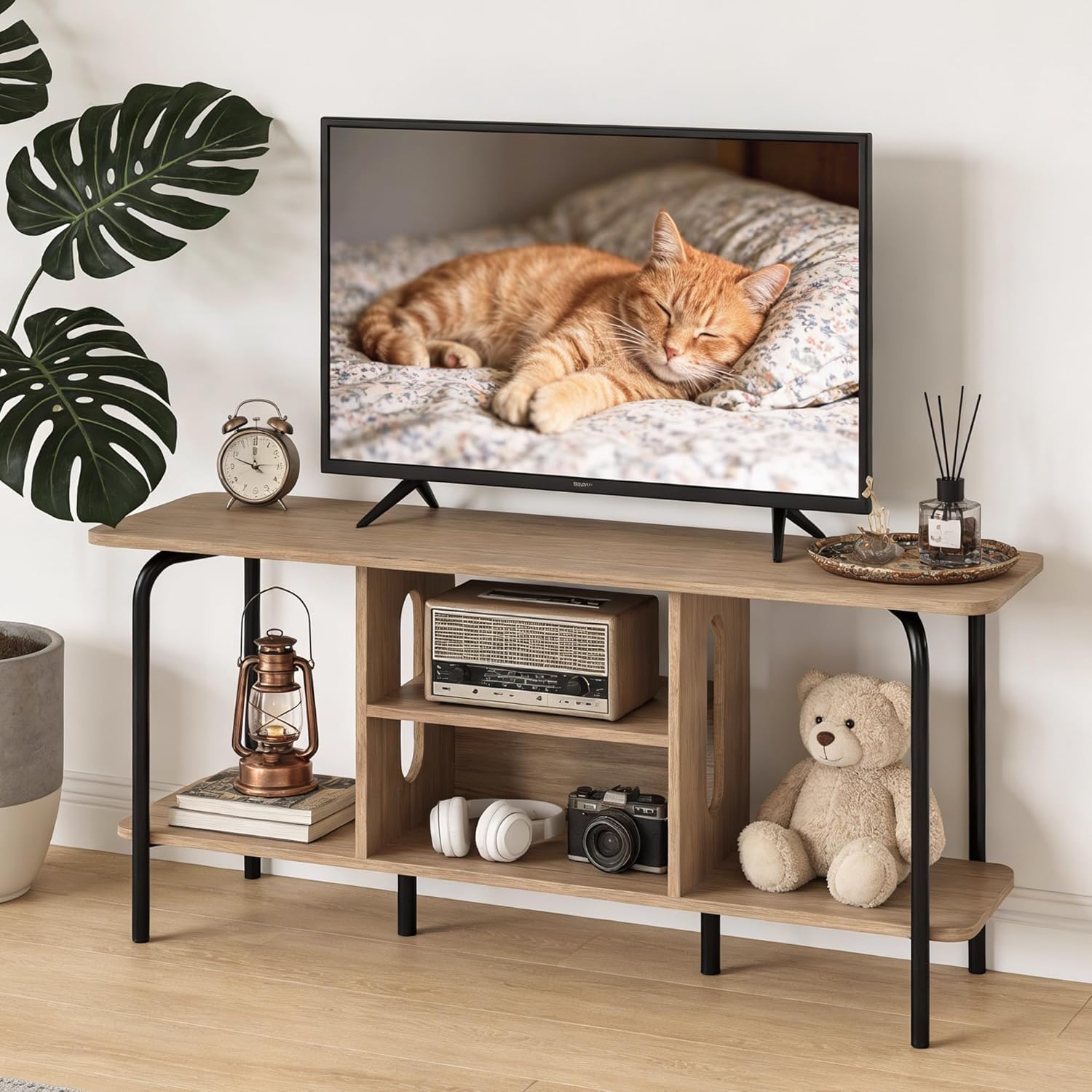 Manora TV Stand for TVs up to 55 Inch, Simple Modern Entertainment Center with 3 Tier Open Storage Shelves, TV Console Table for for Living Room, Bedroom, Oak