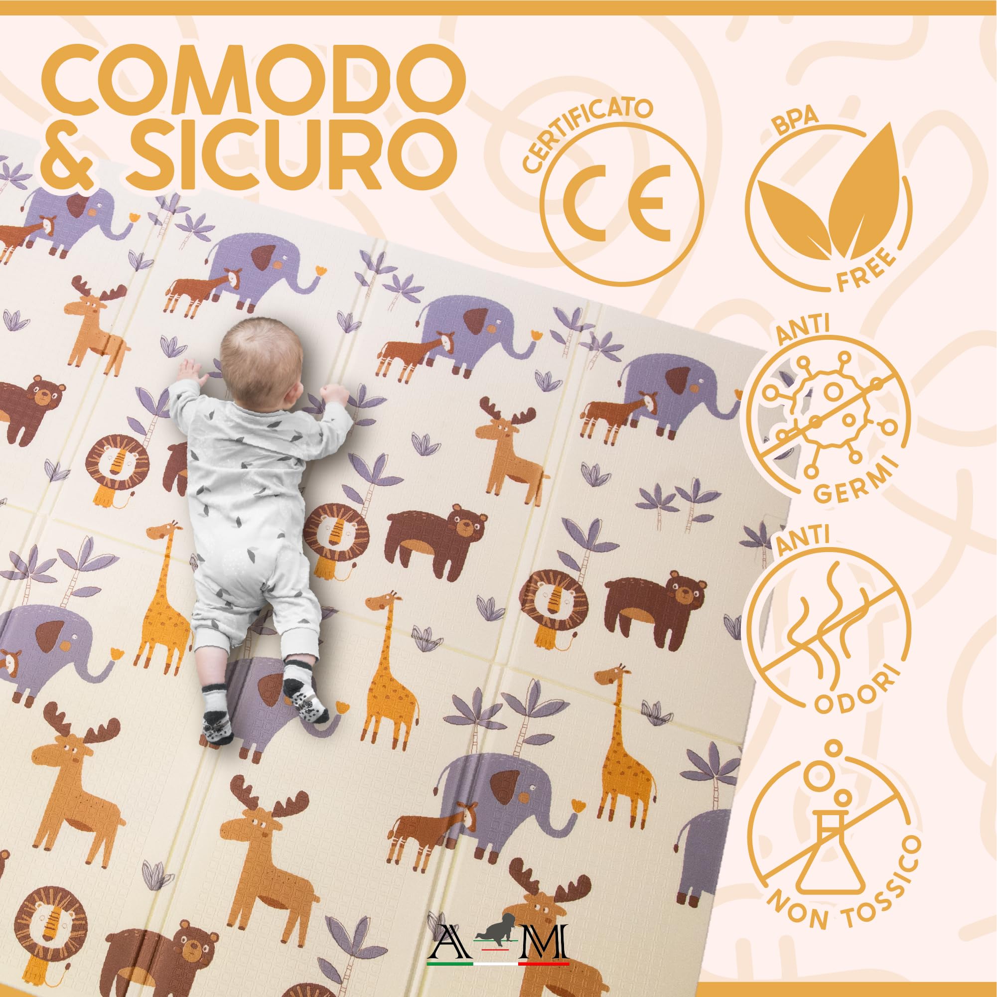 A&M Italia Tappeto Gioco Bambini Pieghevole 200x150cm con Borsa da Trasporto - Tappetino Gattonamento Neonato Sensoriale, Antiscivolo e Impermeabile