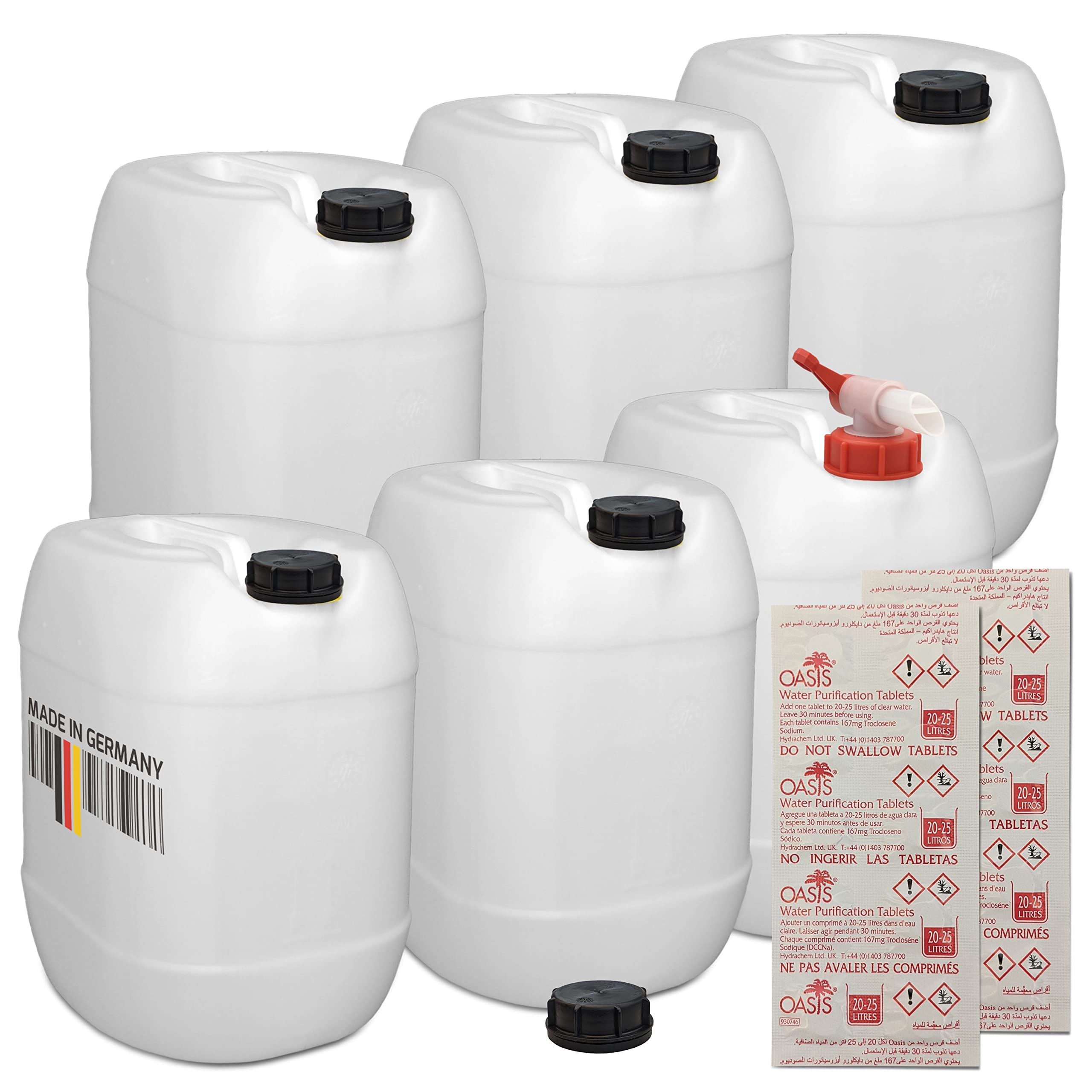plasteo Wasserkanister 30 Liter 6er Set: Getränkekanister Lebensmittelecht mit Auslaufhahn und Wasserreinigungstabletten