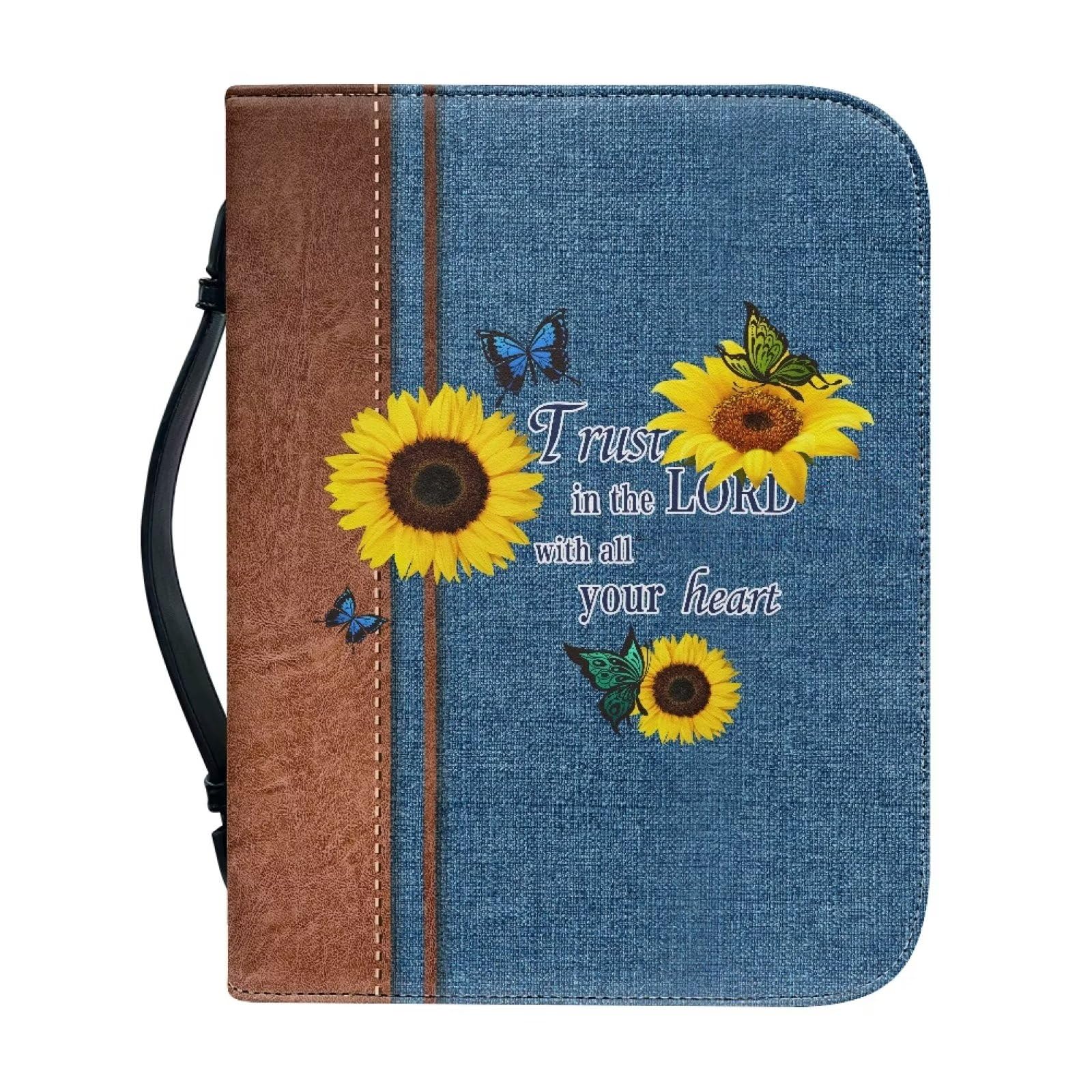 Talayituse Sunflower Butterfly Print Bible Covers for Women Men Trust in The Lord PU Leather Bible Case Bible Bag Tote Book Carrying Case Christian Bible Accessories with Handle, 2XL โ image 1