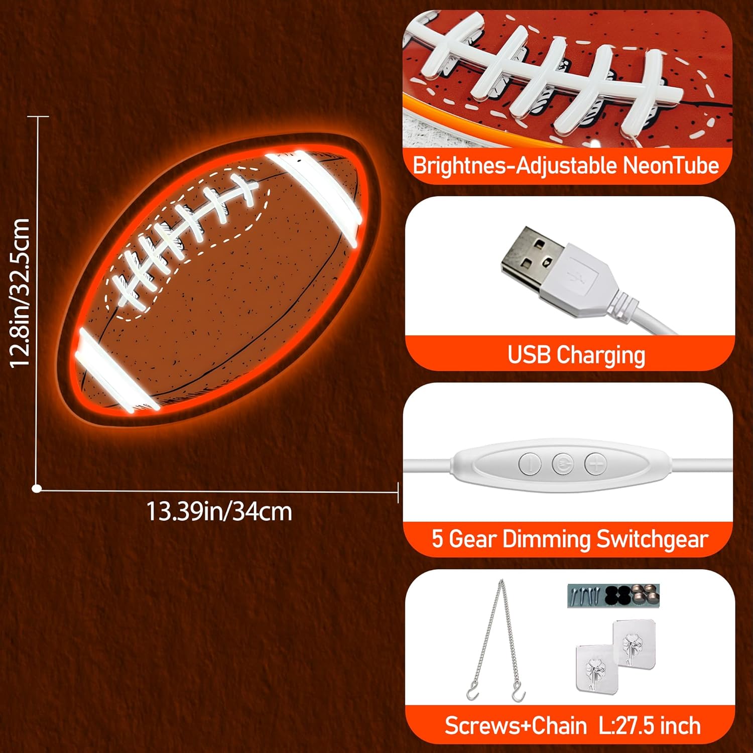 Leeitenlo Football Neon Sign, Cool Dimmable Light Up Led Sports Neon Light USB Powered Hanging for Wall Decor, Man Cave, Bedroom, Game Room, Birthday Christmas Merch Gift for Boys Fans (Football) - Image 3