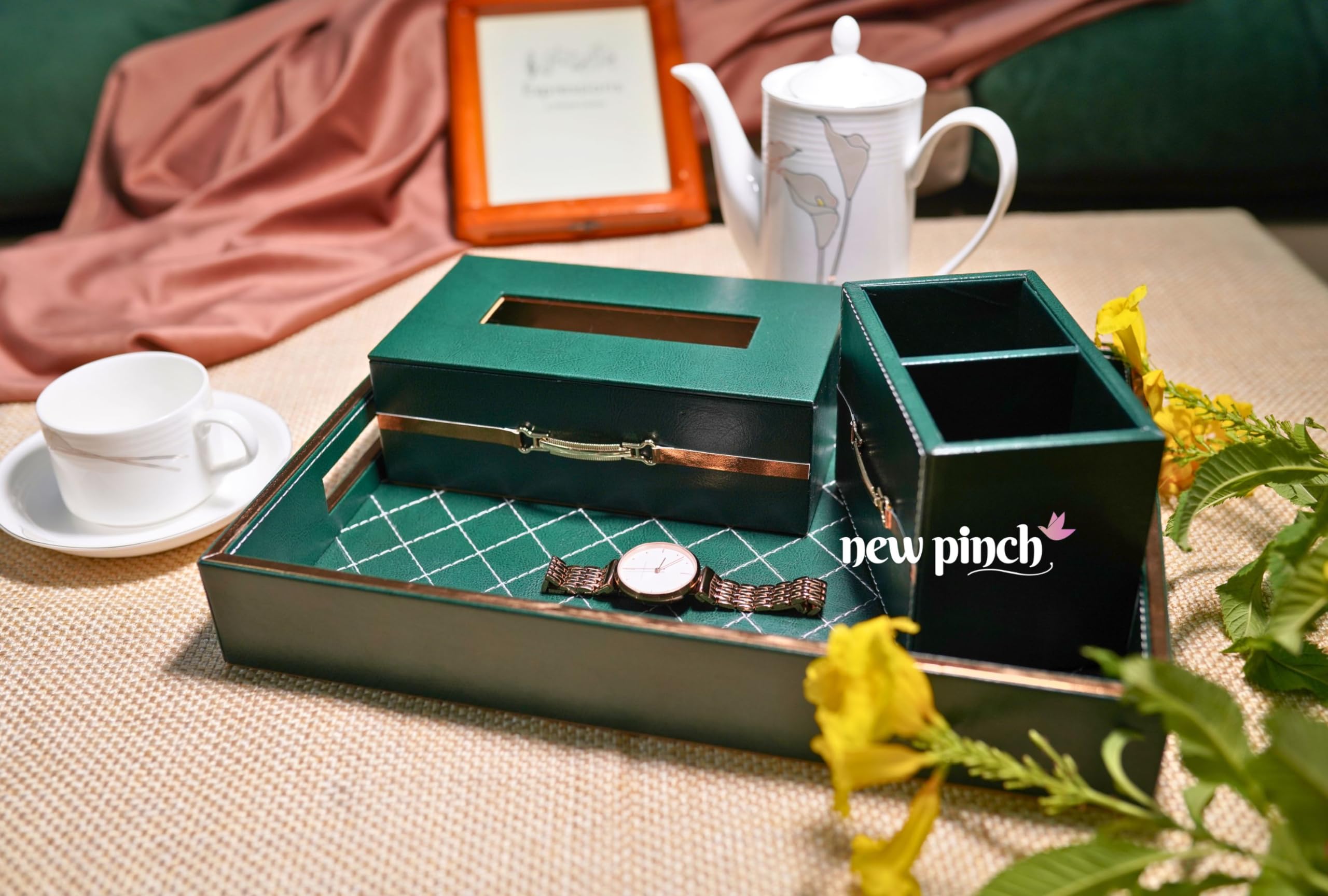 Designer Leatherette Multipurpose use Bedside Table Tray Set/Serving with Remote Holder and with 2 Coasters- Multicolor-image-20