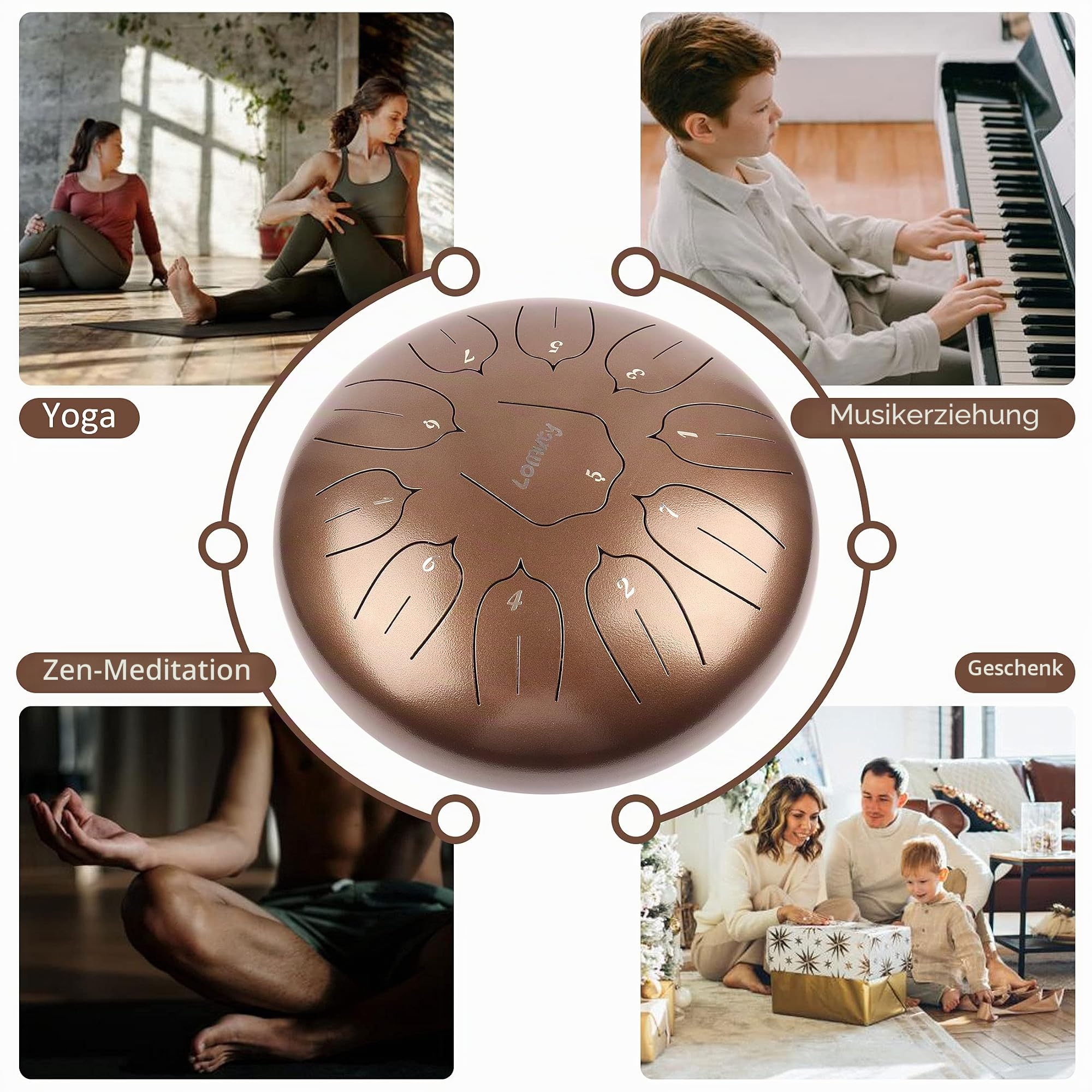 Stahlzungentrommel, 12 Zoll 30 cm Steel Tongue Drum, C-Dur 11 Noten, Handtrommel HandPan Drum mit Drumsticks,Musikbuch,Tragetasche und Fingerpicks(Braun)