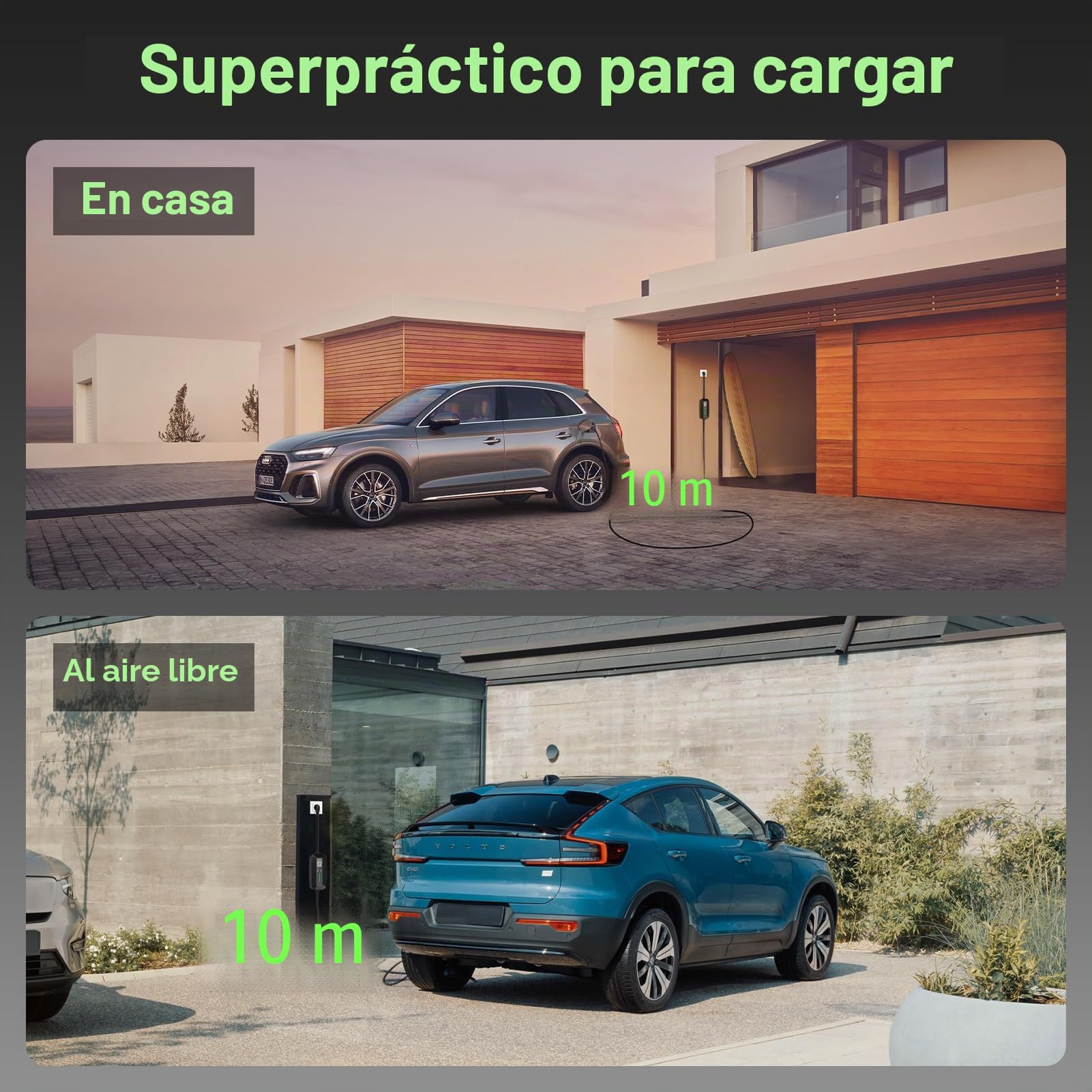 Cable de Carga Schuko Tipo 2, 10 m, 3,68 kW, 6-16 A | Coche eléctrico Tipo 2, Schuko, Cargador portátil para Coche eléctrico