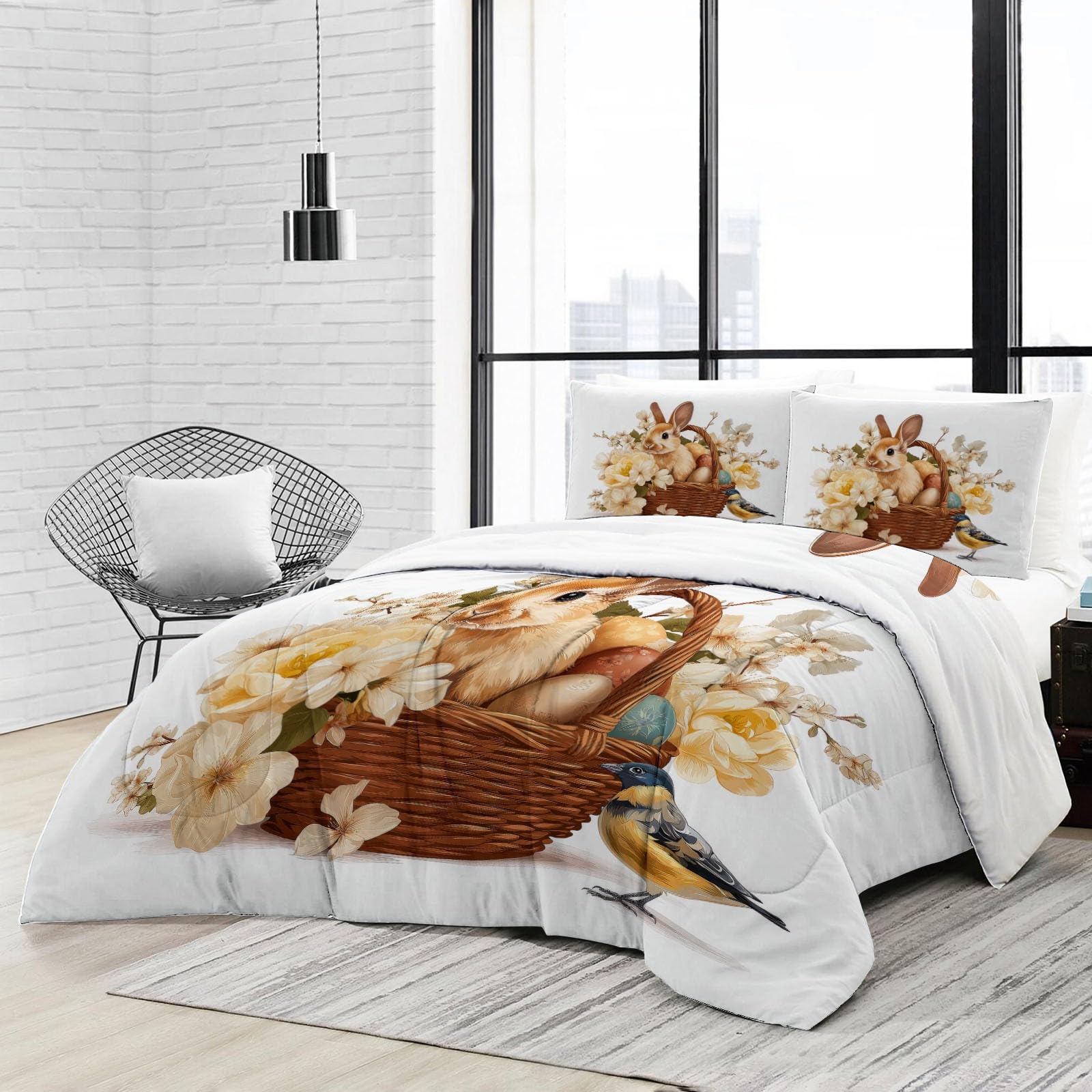 Podwójna kołdra bez poszewki na kołdrę dwustronna 135 x 200 cm wielkanocny króliczek zimowy letni kosz na kwiaty pikowana miękka kołdra kołdra lekka zimowa letnia pikowana poszewka na kołdrę beżowa