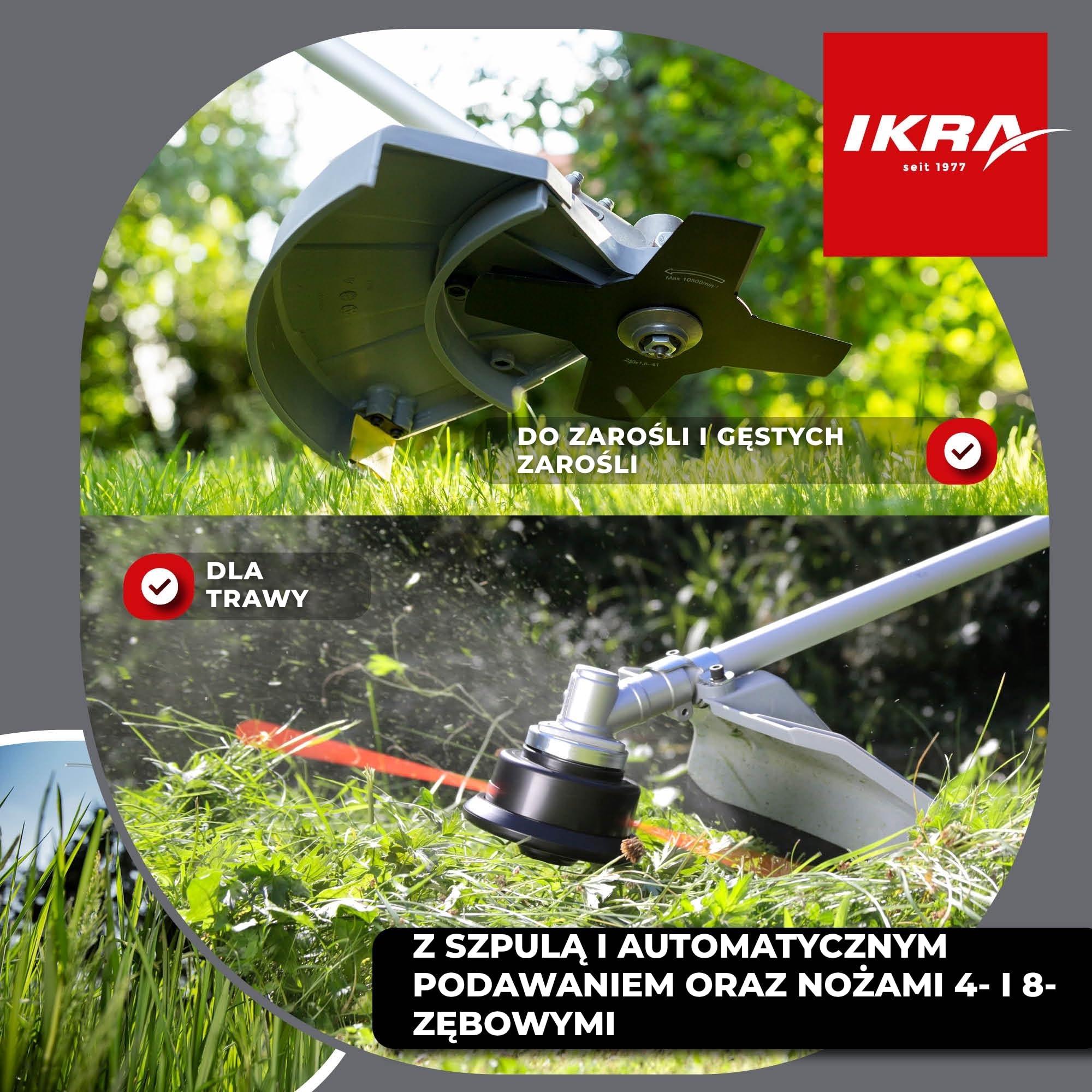 IKRA Podkaszarka spalinowa IBF 43 z przydatnymi akcesoriami 25cm³ 0,8 kW | Bogaty zestaw:nóż 4- i 8-zębny,szpula,okulary,pas naramienny,silnik 2-suwowy,uchwyt rowerowy,szerokość cięcia 23 cm