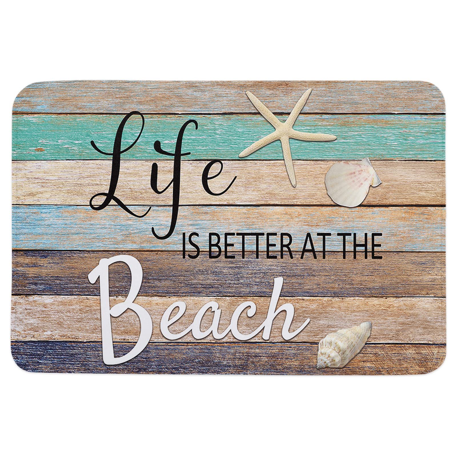 YESOF66 Diatomaceous Earth Bath Mat Bathtub Mat, Life is Better at The Beach Rustic Wooden Quick Dry Non-Slip Diatomite Mud Bathroom Floor Rugs for Bath Tub Kitchen Absorbent Pad, 16x24 Inch