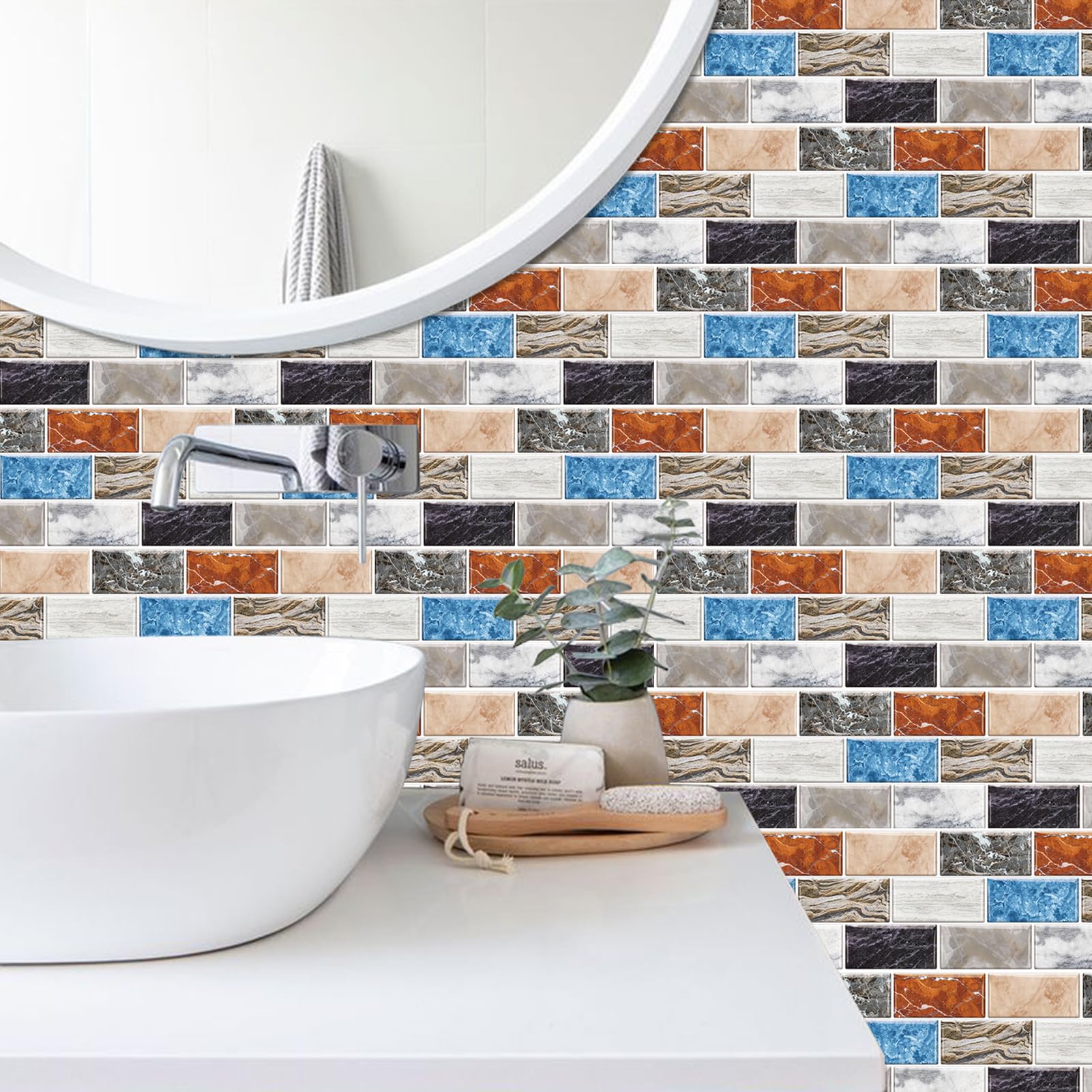 Retro Tile Stickers for Kitchen, Stick On Tiles for Bathroom Wall Self Adhesive Waterproof Vinyl Peel and Stick Wall Tiles Covers, Nordic Marble Mosaic Brick Wall