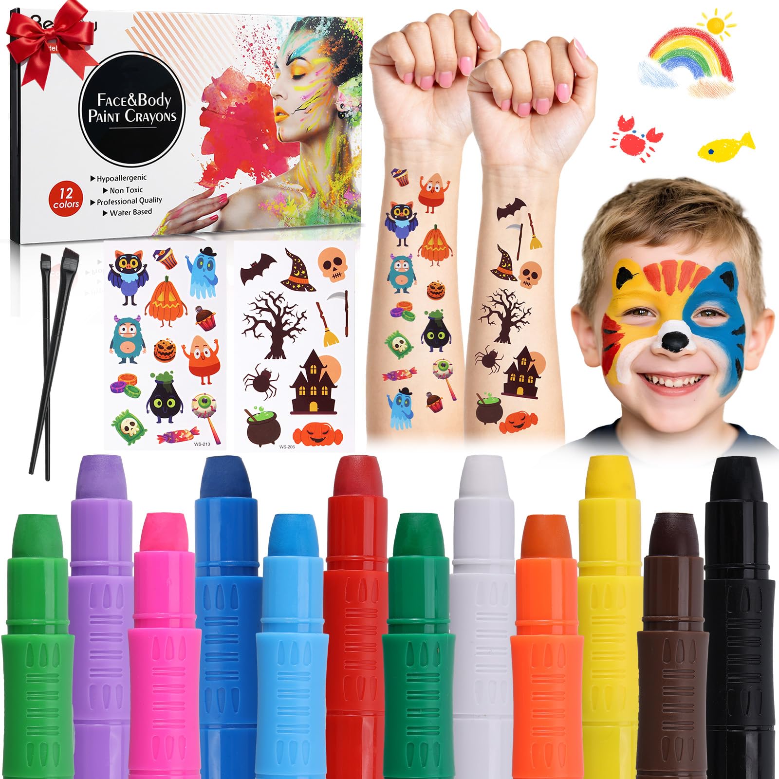 Beesjuy Face Painting Kits for Kids,12 Color Water Based Face Paint Crayon, Washable Kids Body Paint Makeup Sticks for Halloween, Birthday Party, Clown/Cosplay Makeup