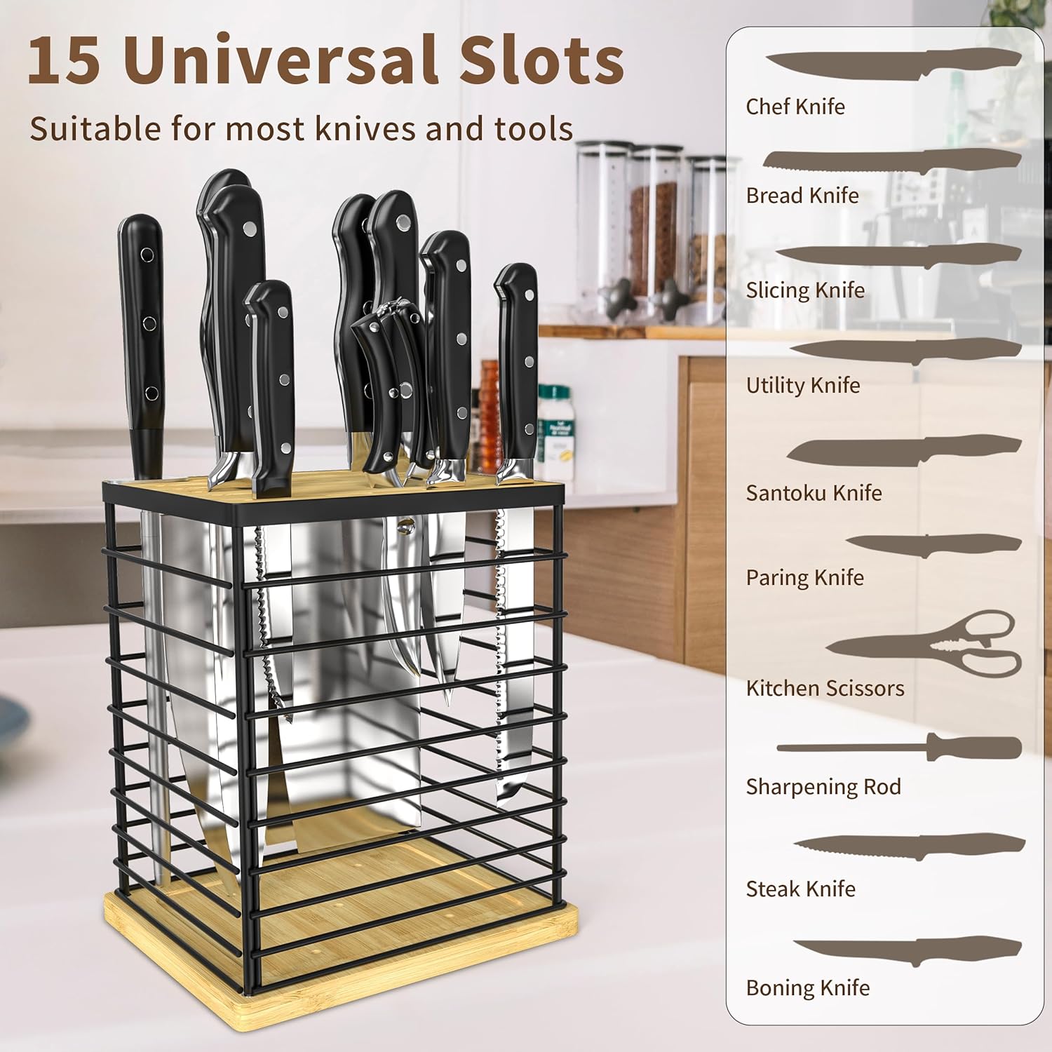 Kitchen Utensil Holder and Knife Block, Universal Knife Holder Utensil Crock, Large Spatula Holder with Wooden Base for Kitchen Countertop, Rustic Cooking Utensil Organizer with 3 Compartments