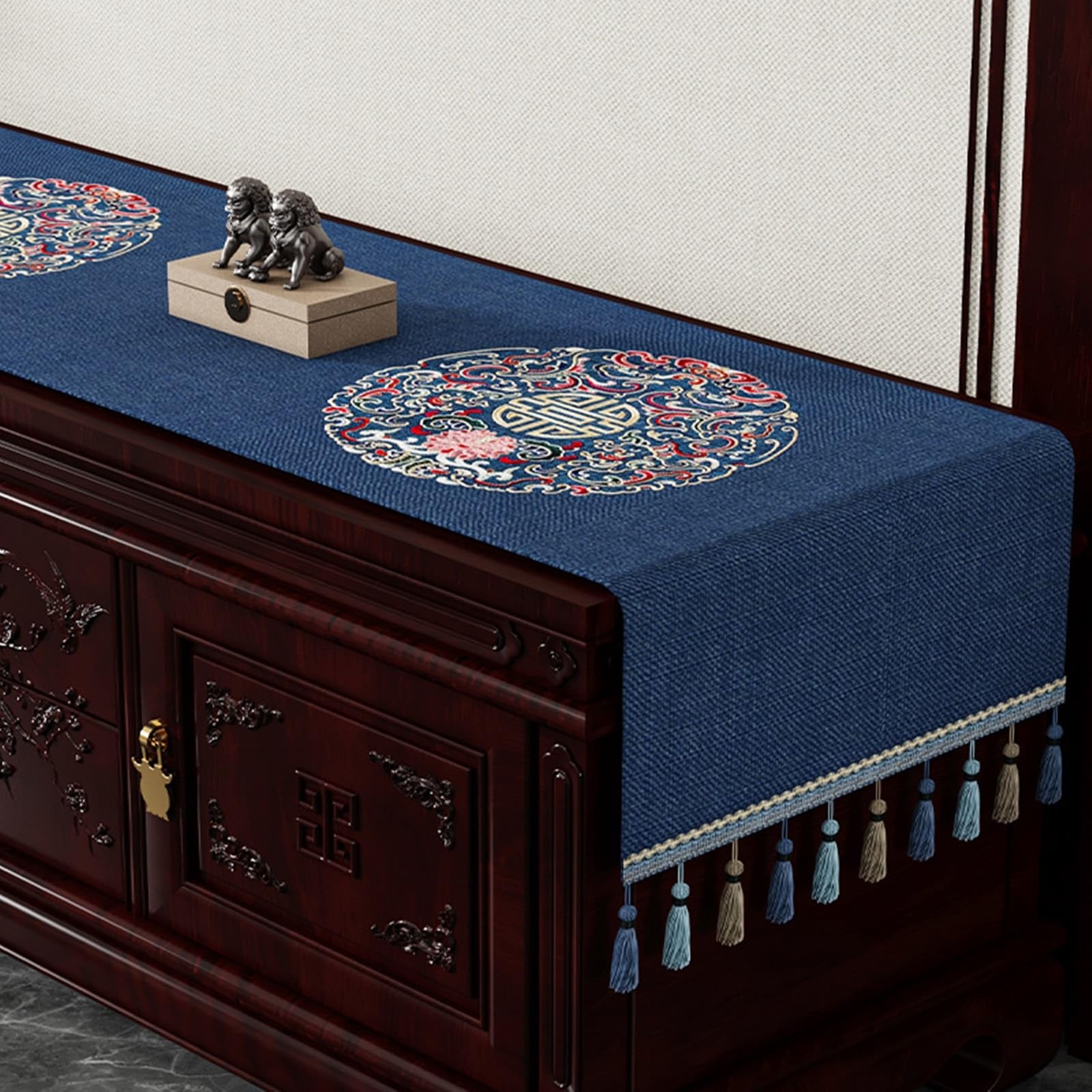 KnSam Camino de mesa rectangular estilo chino bordado flores con borlas, mantel de poliéster camino de mesa moderno decoración para decoración de fiestas, azul marino, 70 x 240 cm