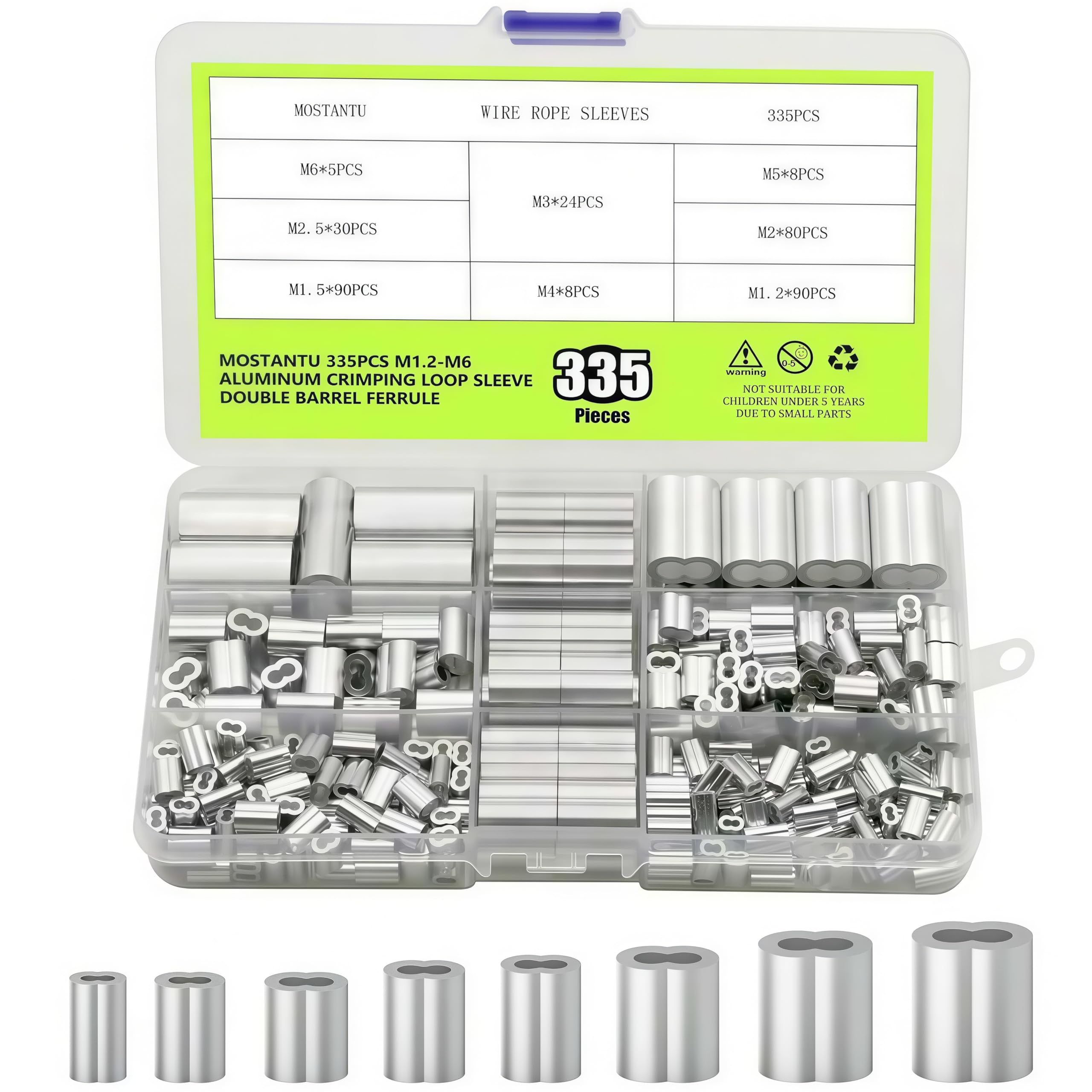 Mostantu 335Pcs M1.2-M6(3/64''-1/4'') Aluminum Wire Crimping Loop Sleeve Assortment Kit 8 Sizes Wire Rope Sleeves Double Barrel Cable Ferrule for Cable Line End(335Pcs Assortment Kit)