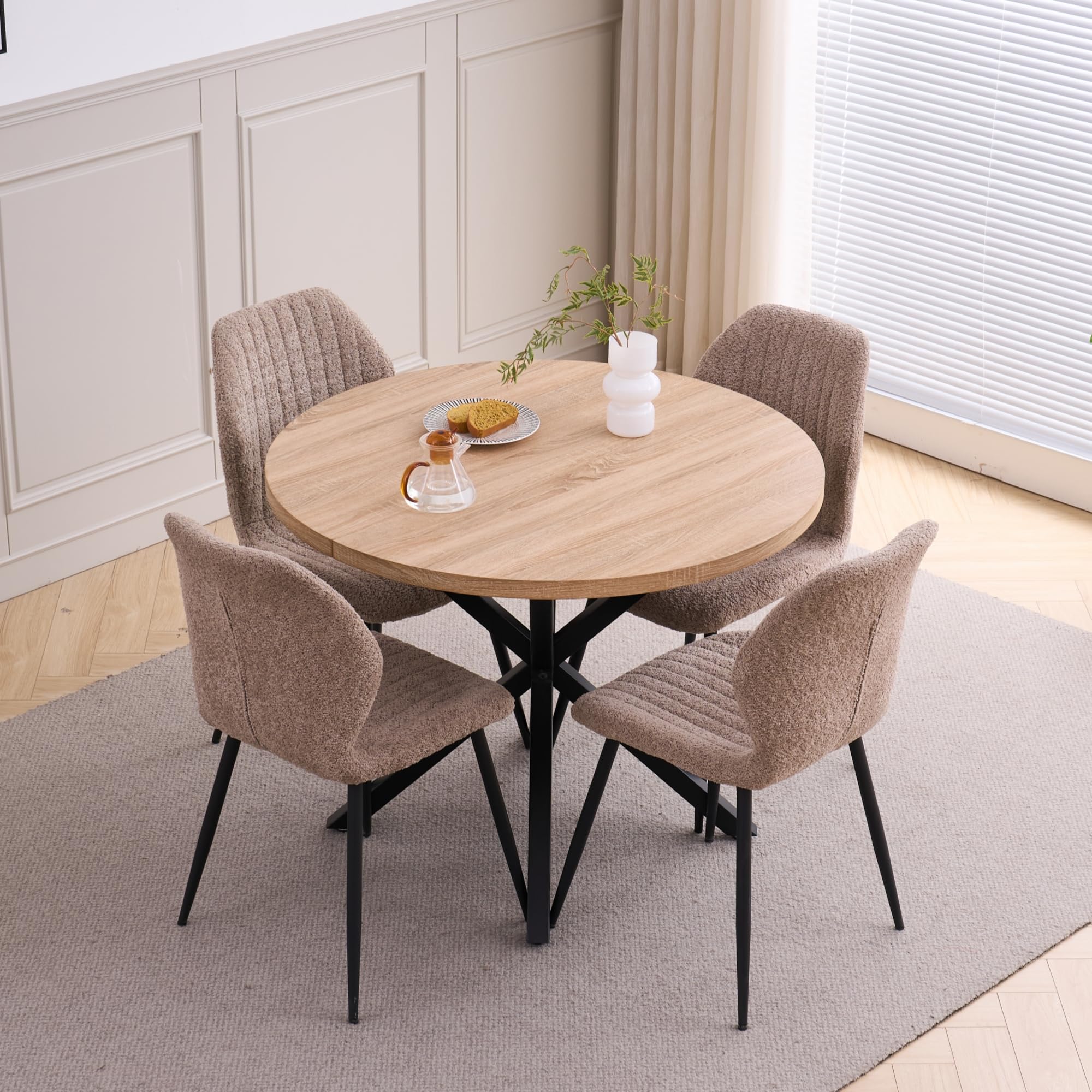 Esstisch und Stuhlset, 100 * 100 * 76.5 cm Runder Esstisch und 4 Moderne Teddy-Fleece Stühle,Metallbeine, für Esszimmer, Küche, Wohnzimmer,Helle Holzmaserung + Braun