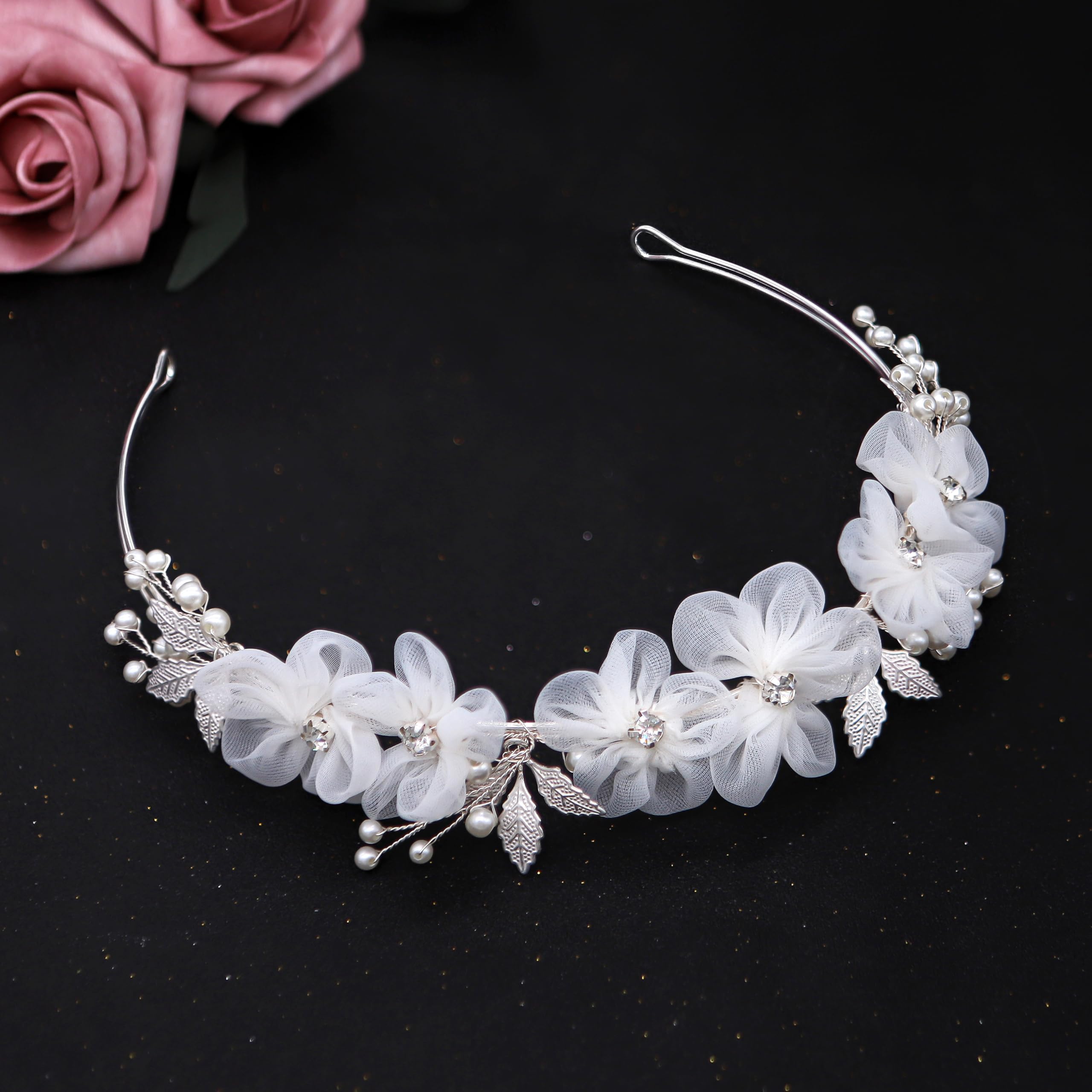 OriamourTulle Flower Headband, Flower Girl Headpiece, Pearl Silver, Wedding Hair Accessories, Tiara for Birthday, Party, First Communion