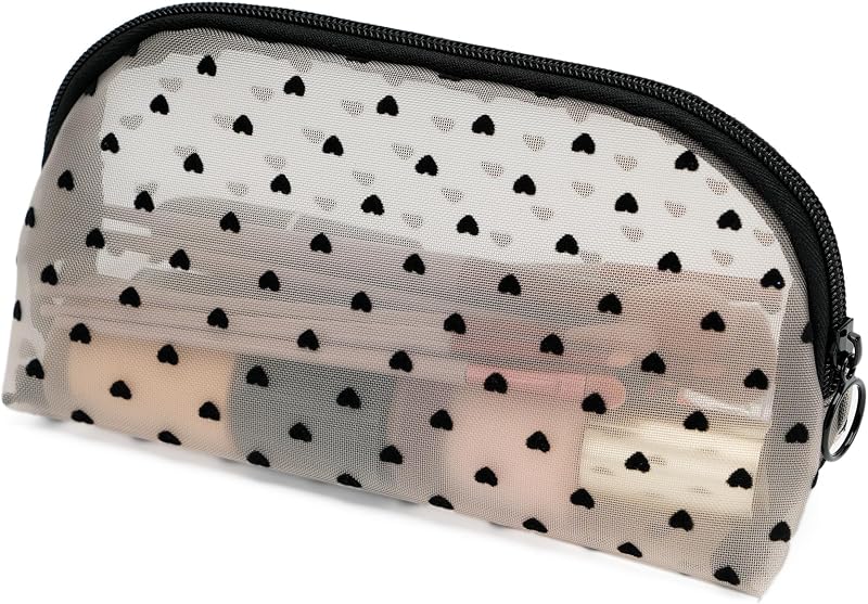 Necessaire de maquiagem TOPASION em tela com zíper, bege e preto com coração, formato semicircular
