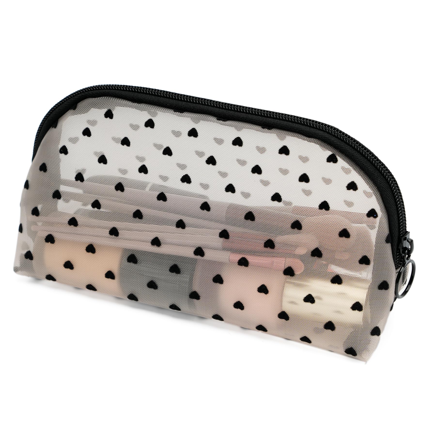 Portable Mesh Makeup Bag with Zipper Small Travel Toiletry Bag Lightweight Cosmetic Pouch, Beige&Black Heart Half Round, Small Fresh Art-image-26