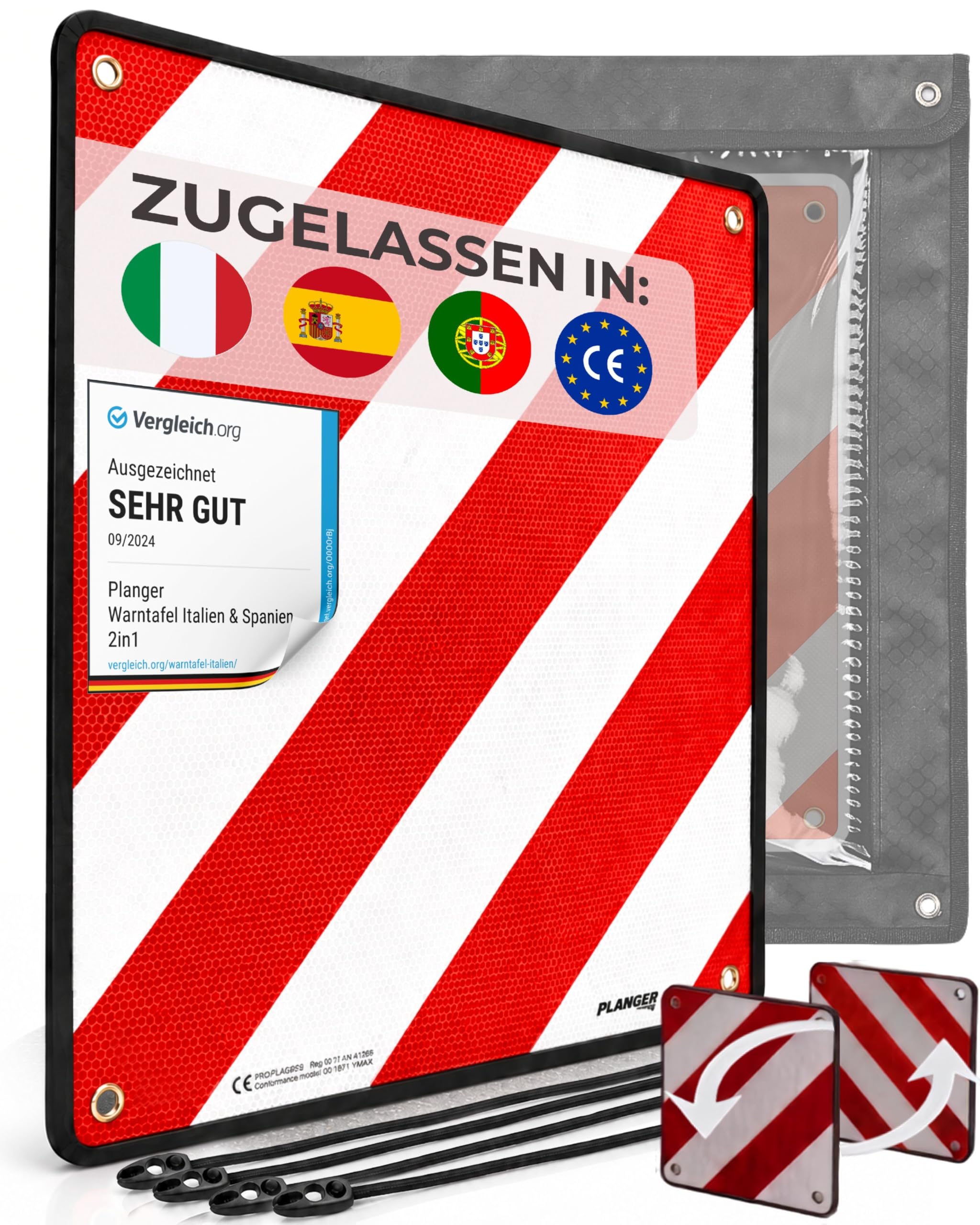 PLANGER® - Warntafel Italien und Spanien u Portugal 3in1 (50 x 50 cm) ( Schild + Tasche + Spanner)