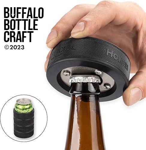 Miniatura 4 de Juego de regalo único de hockey, enfriador de latas y abridor de botellas hecho de discos de hockey reales,