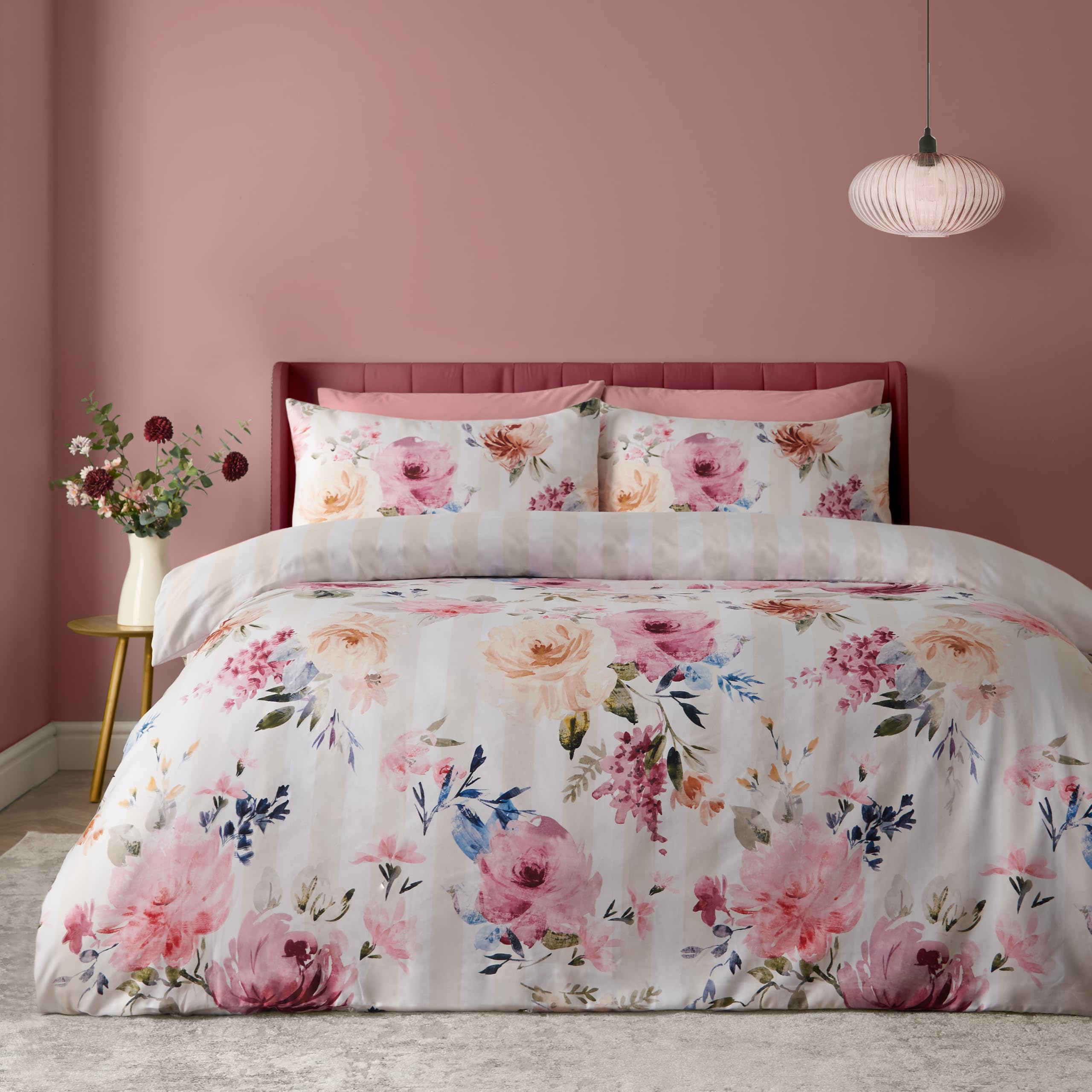 Catherine Lansfield Floral Stripe So Soft Super King Duvet Cover Set Cream