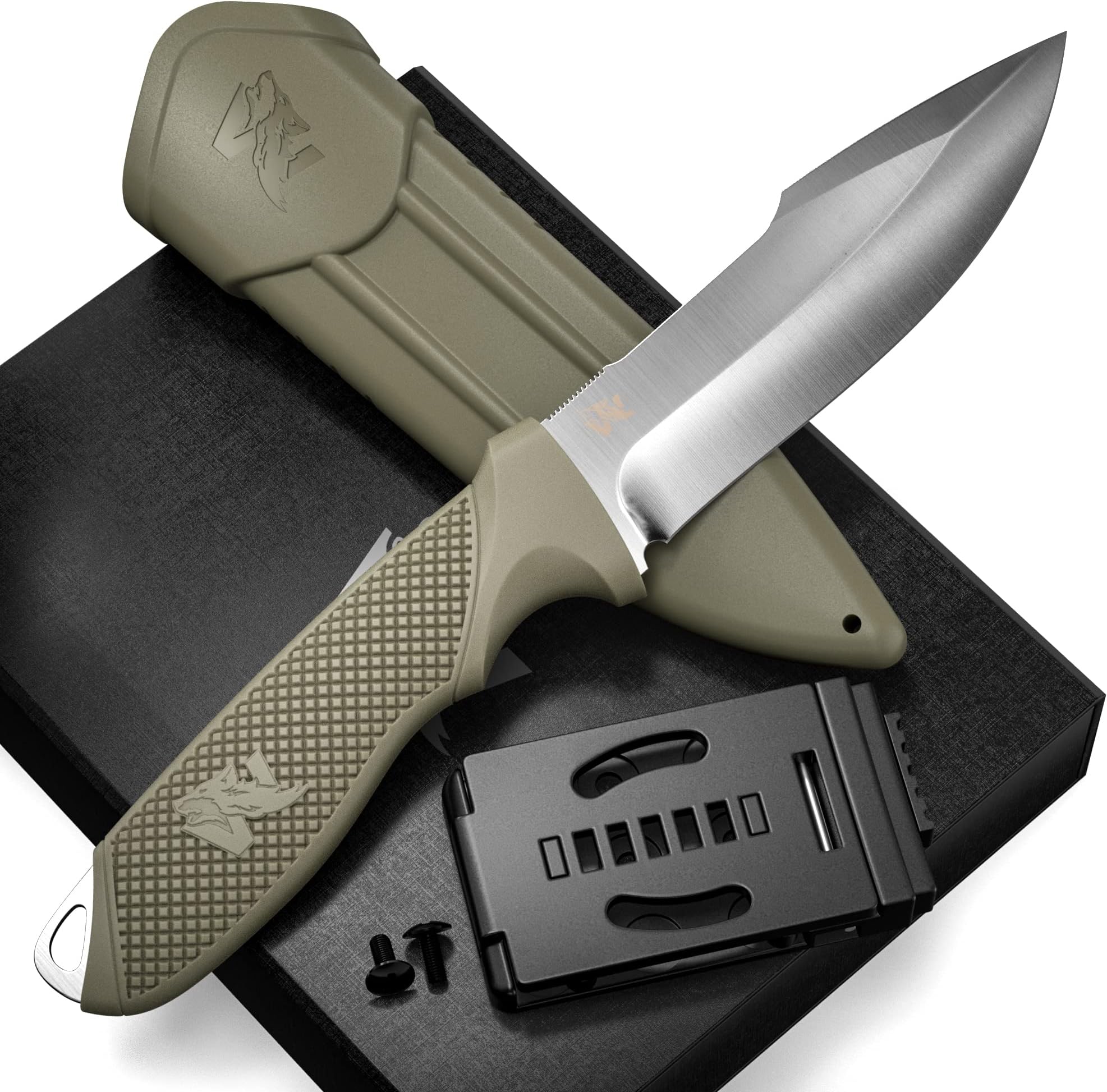 ODENWOLF WOLF-II Full Tang Survival Knife with Sheath and Multi Lok - Strong Tactical Fixed Blade - Made of D2 Steel - Bushcraft and Camping Knife - EDC Outdoor Knife with TPE Handle