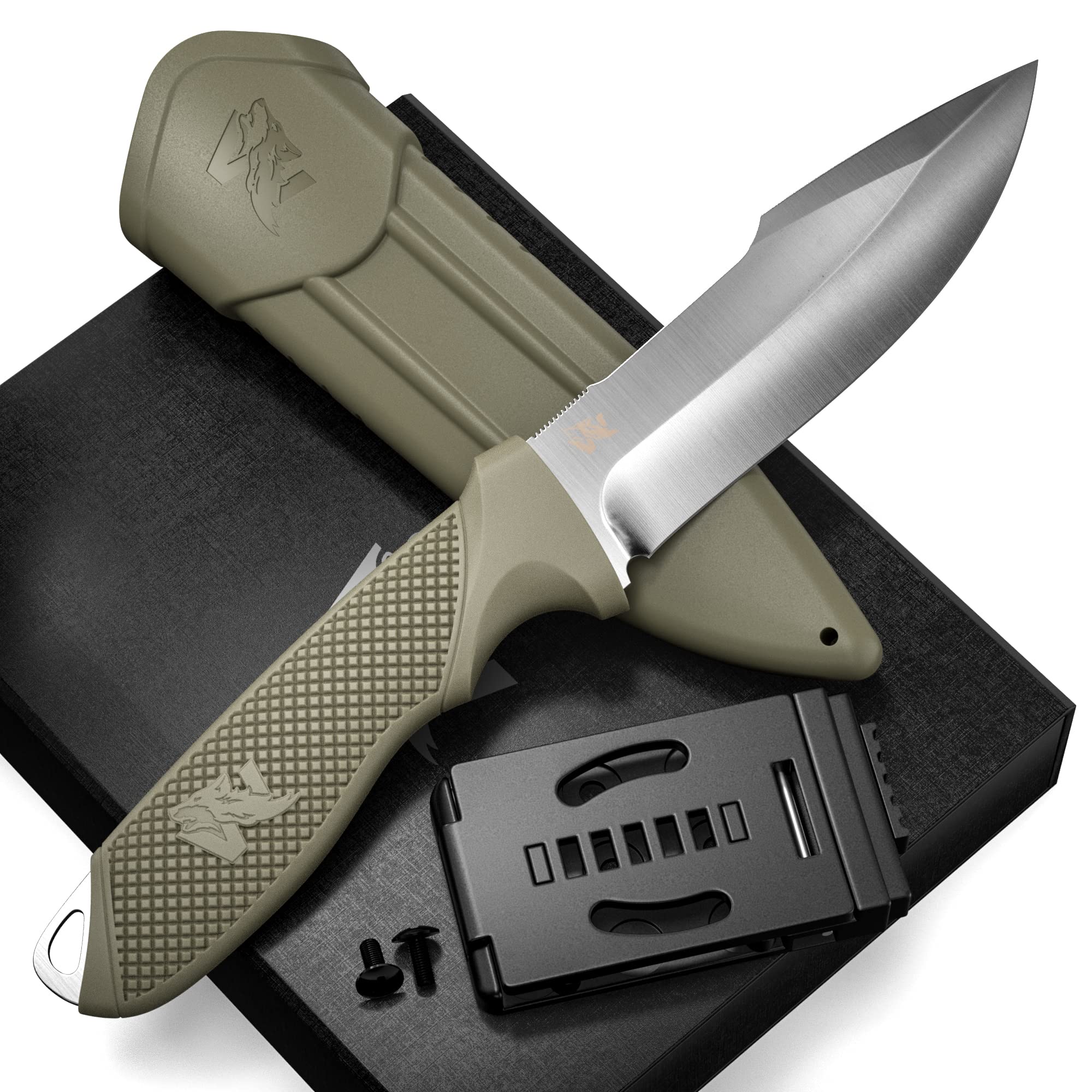 ODENWOLF WOLF-II Full Tang Survival Knife with Sheath and Multi Lok - Strong Tactical Fixed Blade - Made of D2 Steel - Bushcraft and Camping Knife - EDC Outdoor Knife with TPE Handle