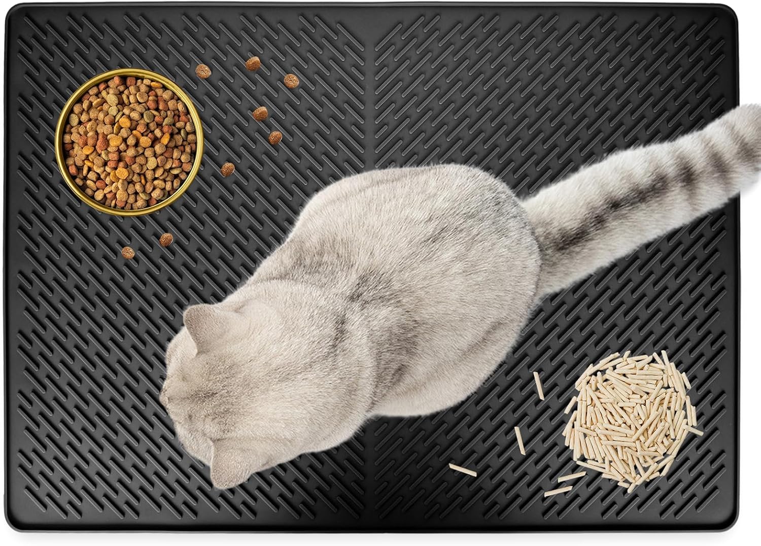 Silicone Cat Litter Mat, 70x50cm Cat Litter Tray Mat, Non-Slip Waterproof Cat Litter Trapping Mat, Single Layer Washable Litter Mats, Easy to Clean and Keeps the Floor Tidy, for Litter Control (Black)