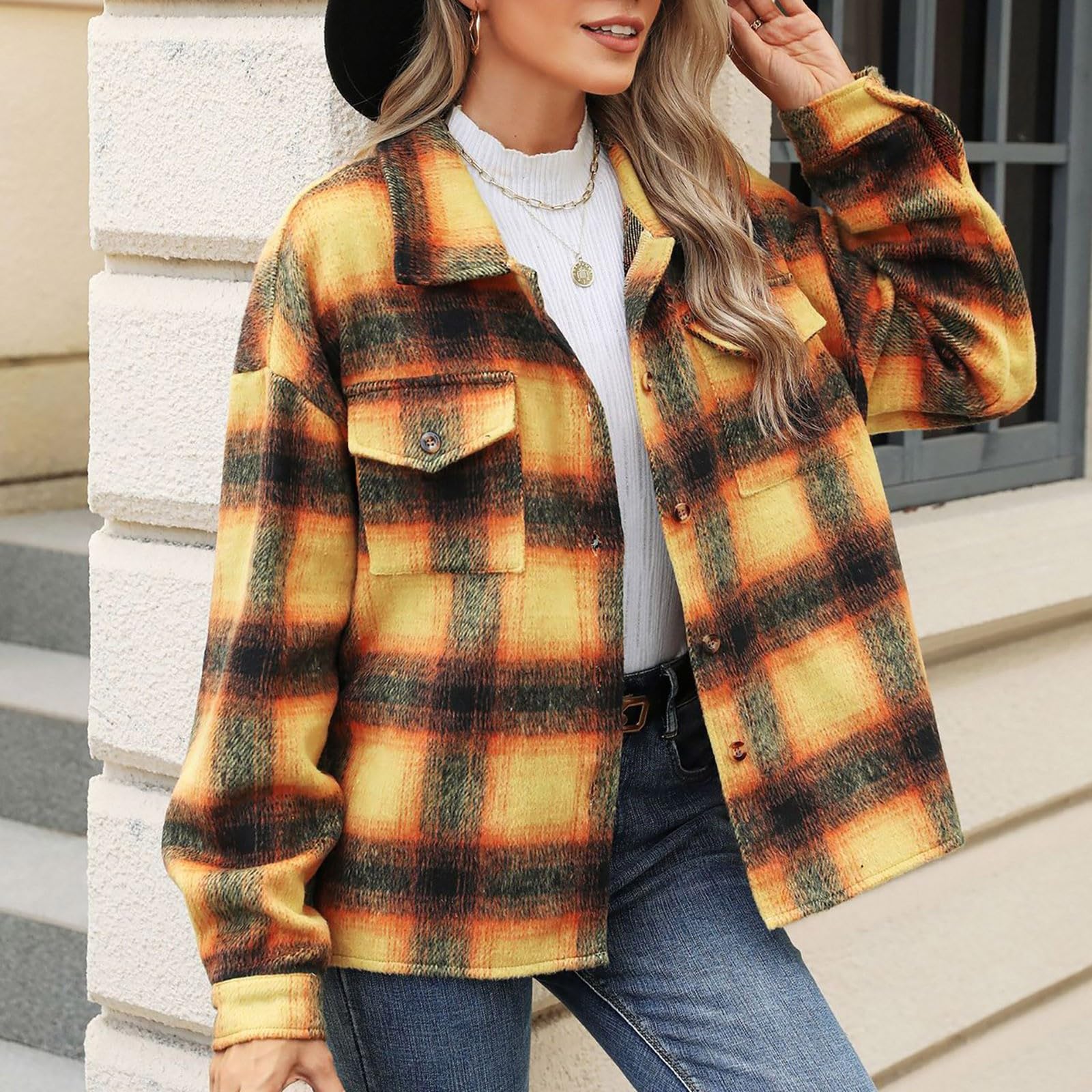 Übergangsjacke Damen Kurzmantel Outdoor Jacken Für Damen Karierter Druck Mantel Elegant Sportliche Damenjacken Softshell Mantel Strickjacke Blazer Elegant Trachtenjacke Winddicht Leichte Jack