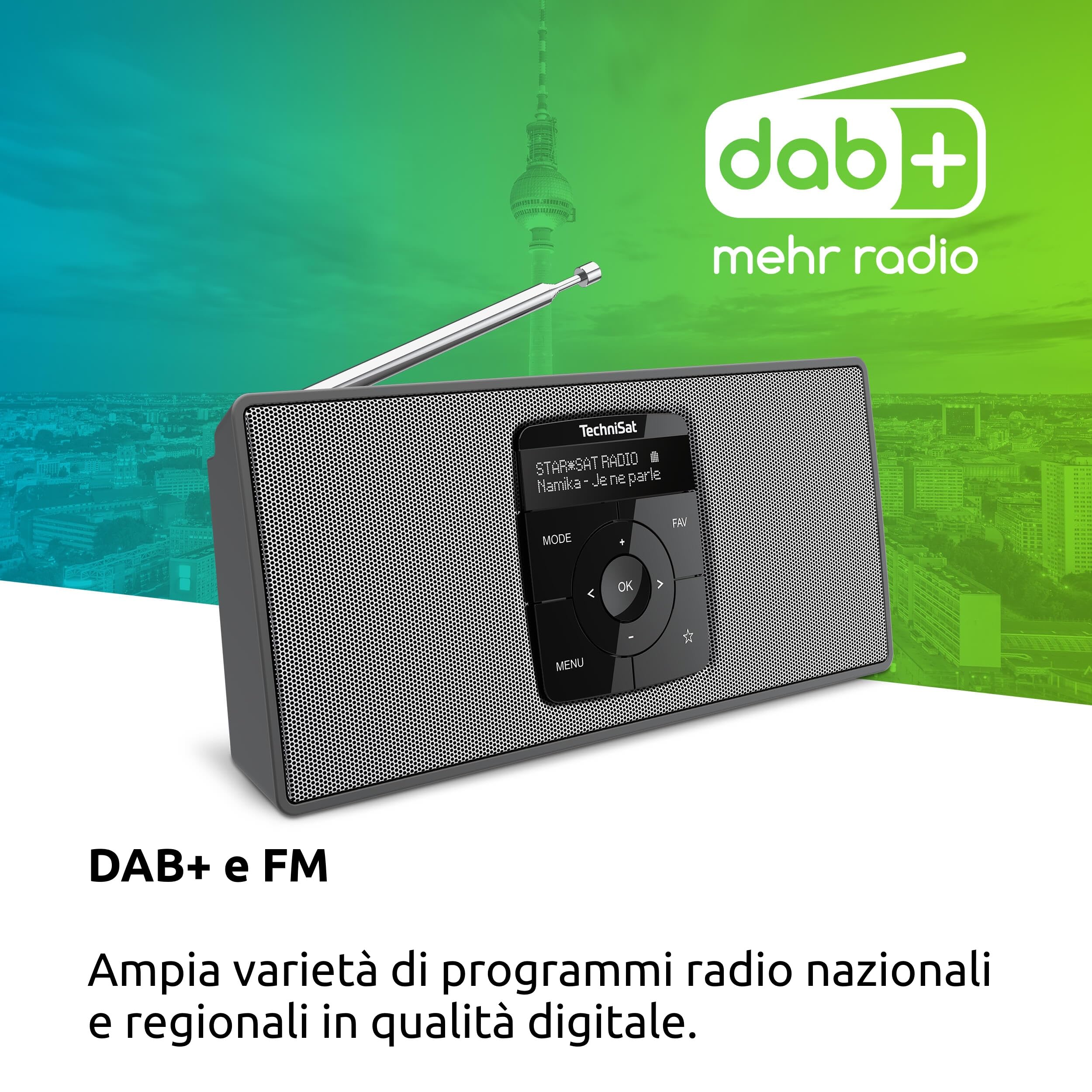 TechniSat DIGITRADIO 2 S - Radio stereo DAB portatile con batteria ricaricabile (DAB+, FM, Streaming audio Bluetooth, Display OLED, Ingresso per cuffie, Stereo 2 Watt RMS), Nero/Argento
