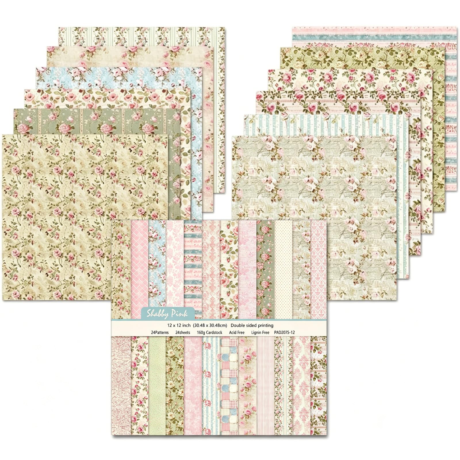 24 Sheets Scrapbook Paper, 30cm/12inch Scrapbooking Cardstock Pad, Decorative Pattern Paper for DIY Photo, Album and Scrapbook Decoration (Shabby Pink)