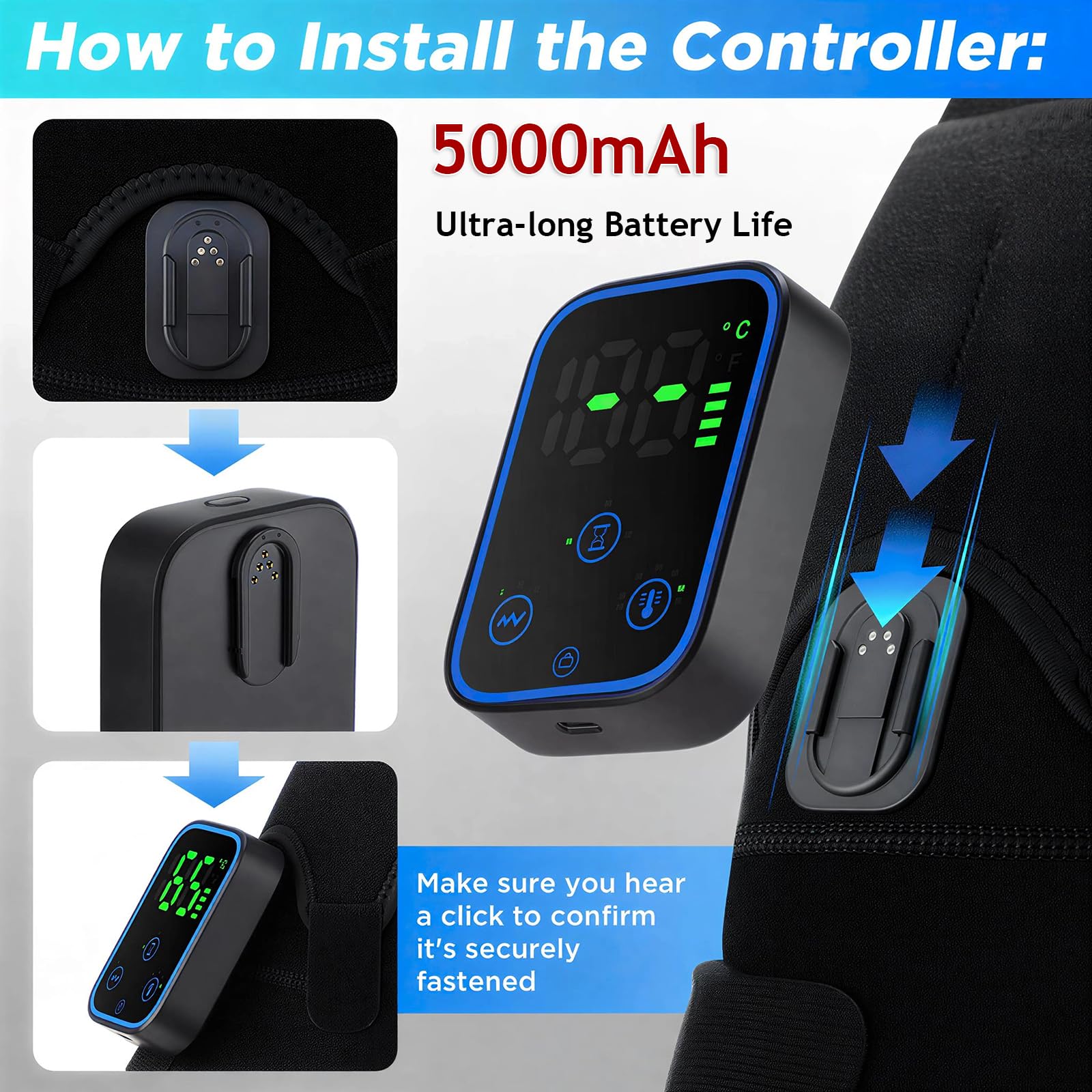 Masseur d'épaule triple méthode, 7 niveaux de température, 3 intensités de vibration, contrôle tactile, batterie 5000 mAh