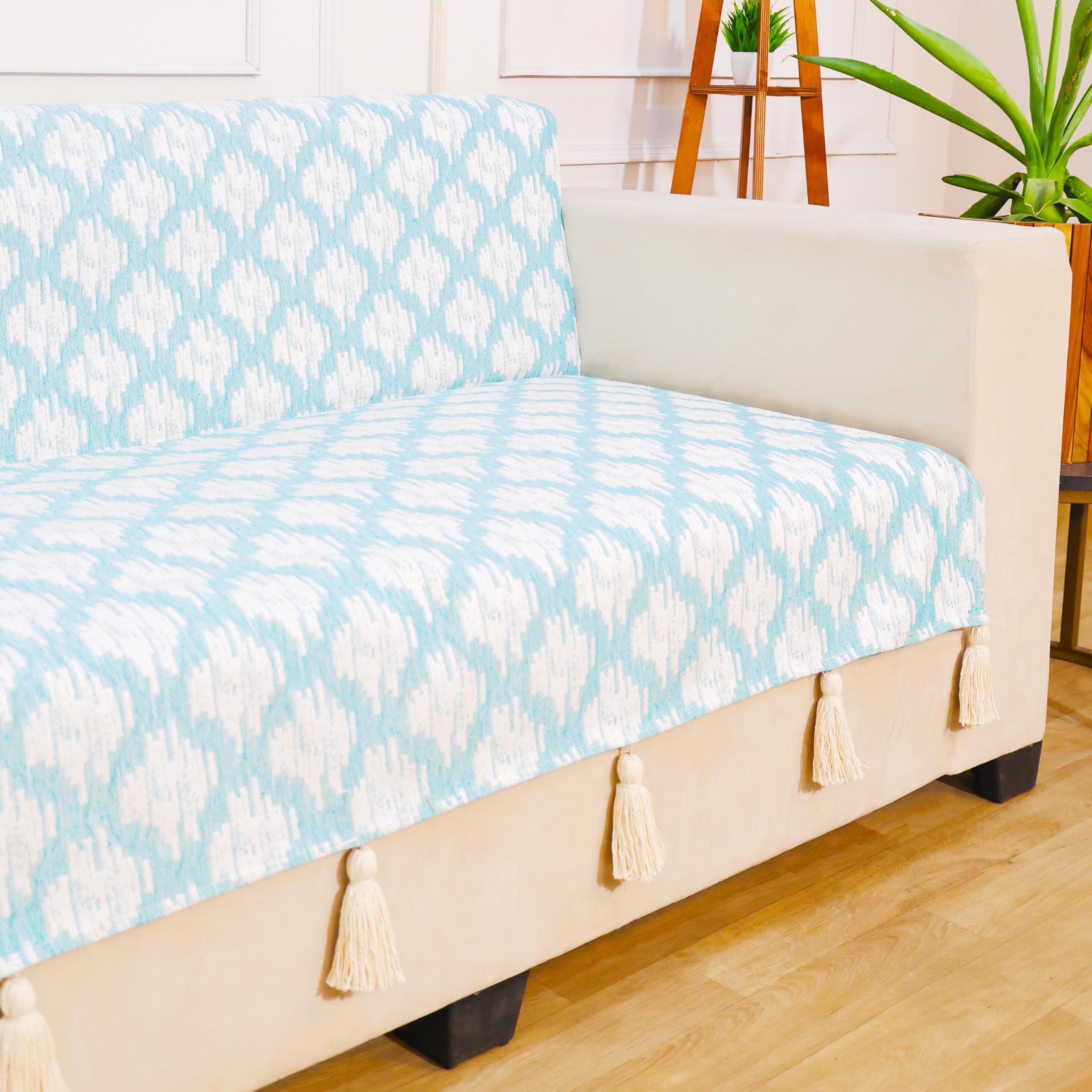 STITCHNEST 'Verdant Ikat Stories' 3 Seater Sofa Cover – Full Coverage| Elegant Jacquard Fabric, Decorative Tassels, Washable & Durable for Modern Living