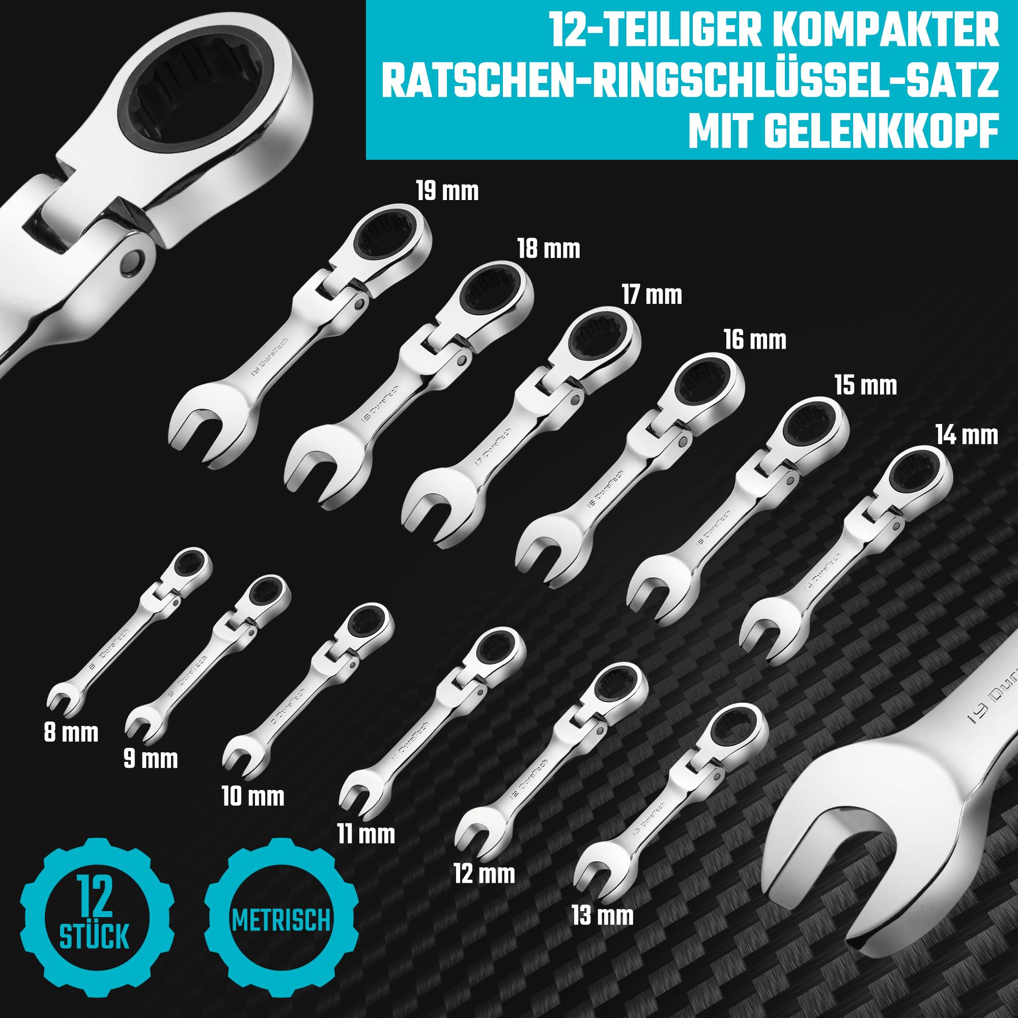 DURATECH 12-tlg. Kurz Flex-Kopf Ratschenringschlüssel-Satz, 8–19 mm