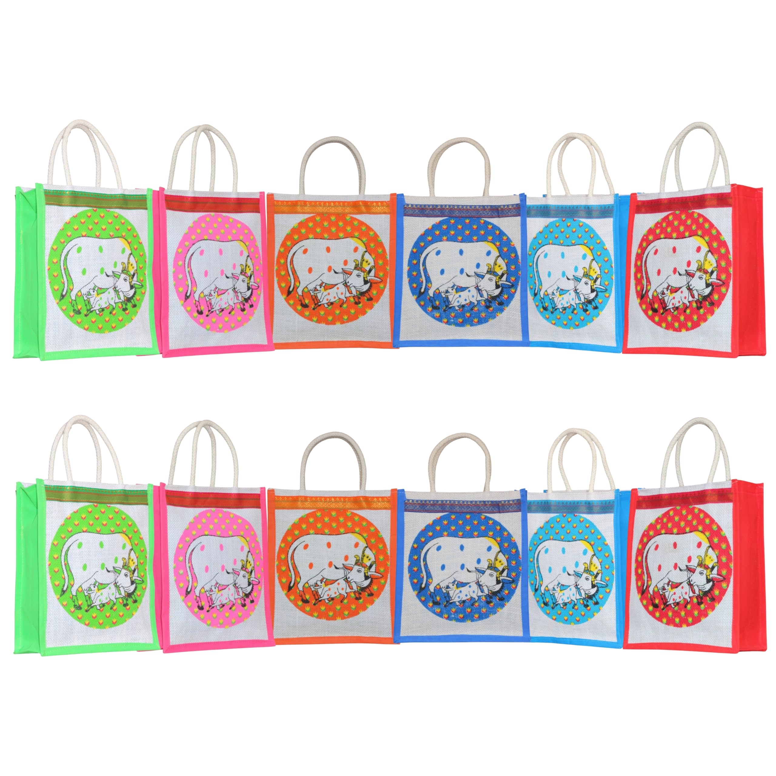 Anumala® Pichwai Art Jute Bags | Gomata-Cow Calf Printed – Eco-Friendly Jute, 8x4x10 Inches – Multipurpose for Festivals, Marriages & Functions - 12pcs-image-1