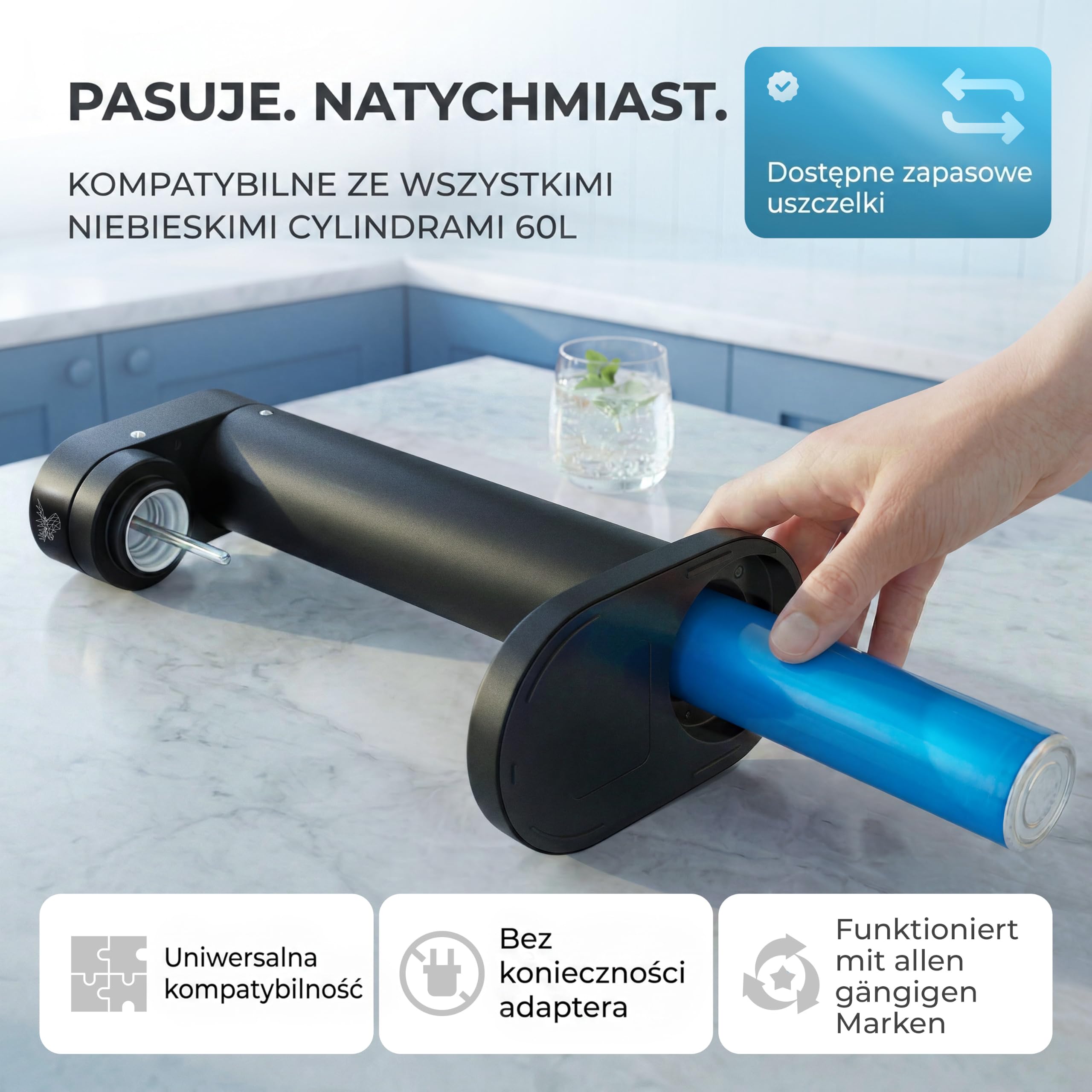 Luckymoose Infinity-S Saturator z wysokiej jakości stali nierdzewnej (Black/Silver) – w zestawie 2x butelki stalowe 1,25L – wyjątkowo higieniczna wyjmowana dysza – Trwała maszyna do wody gazowanej CO₂