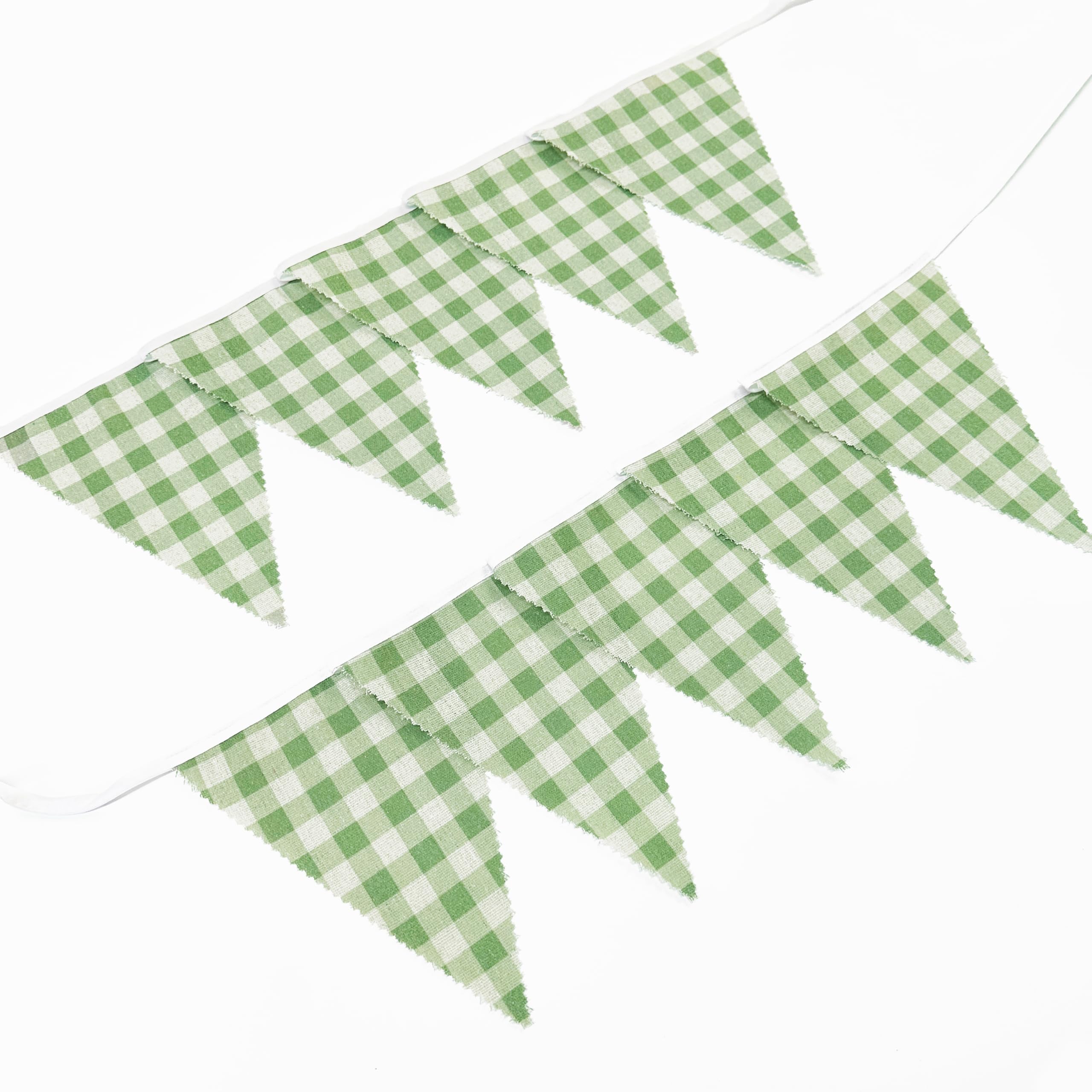 36Ft Vintage Olive Green Plaid Gingham Burlap Banner Triangle Flag Party Decorations Sage Green Checkered Linen Fabric Pennant Bunting Streamer for Golf Birthday Wedding Silly Goose Baby Shower Party