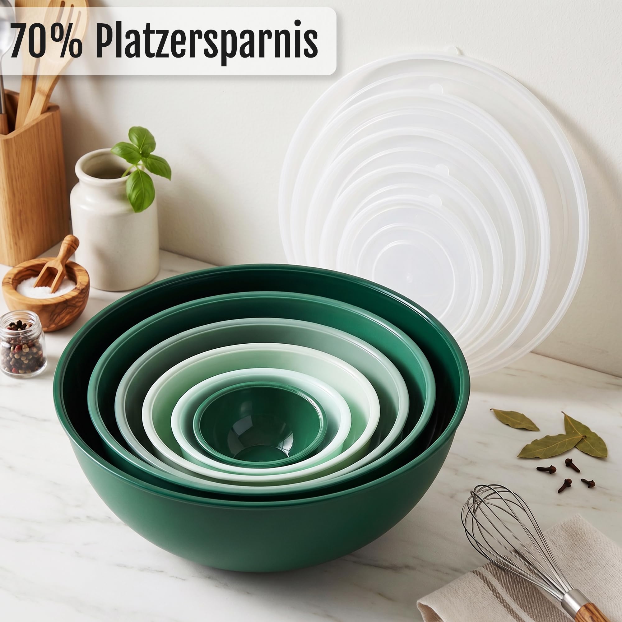 BoxedHome Set di ciotole per mescolare con coperchio, confezione da 12 ciotole, in plastica, antiscivolo, impilabili, per cucina (6 ciotole e 6 coperchi, bianco verde)