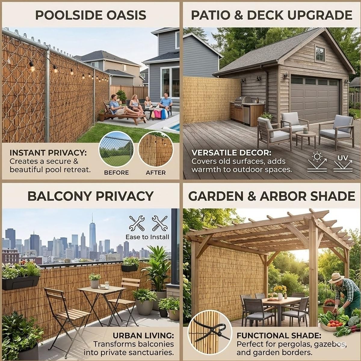 Générique Canisse Bambou Brise Vue Balcon Naturel Rouleau De Clôture D'intimité avec Attaches Séparation Décorative pour Terrasse Facile À Installer H30-240cm L30-1000cm(Brun,150x350cm)