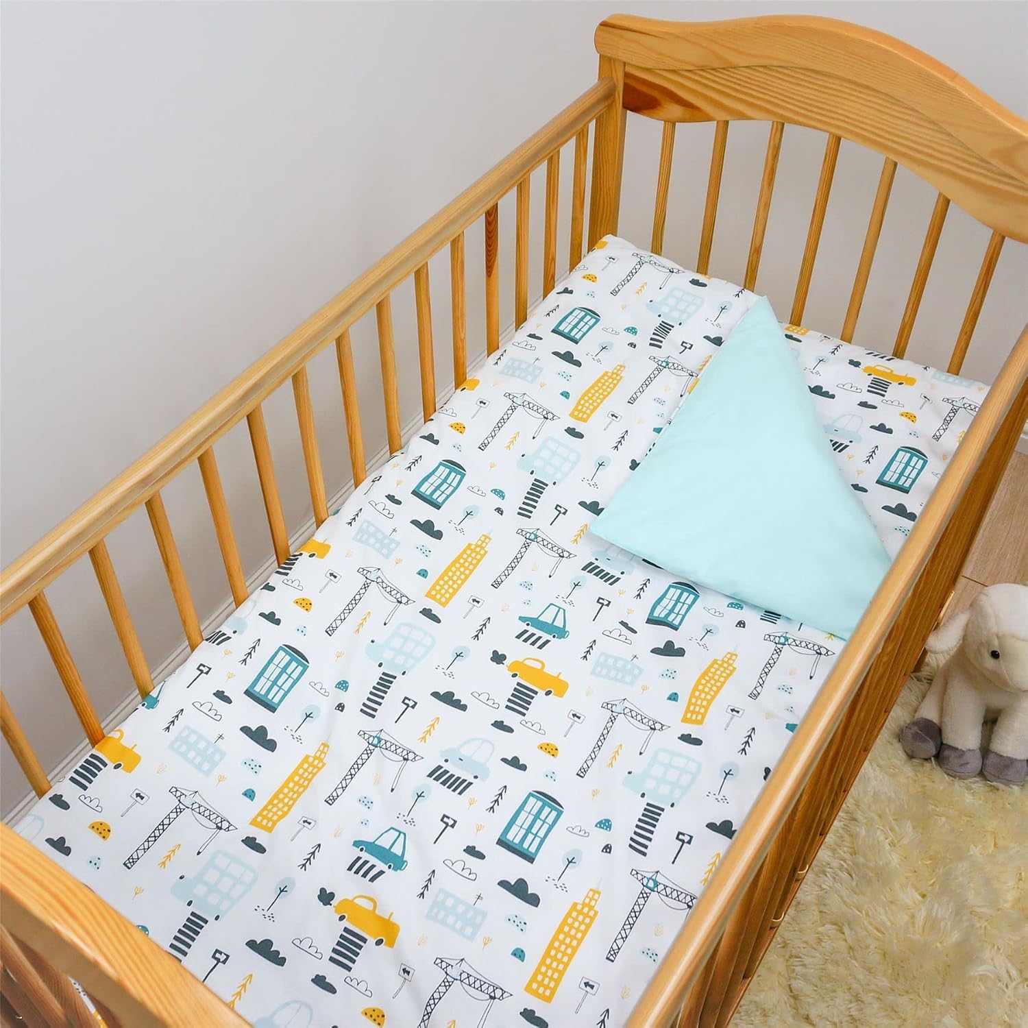 3 piece set Duvet Cover Pillowcase and Fitted Sheet for 120x60 cm Baby Cot Bed (City) - Image 5