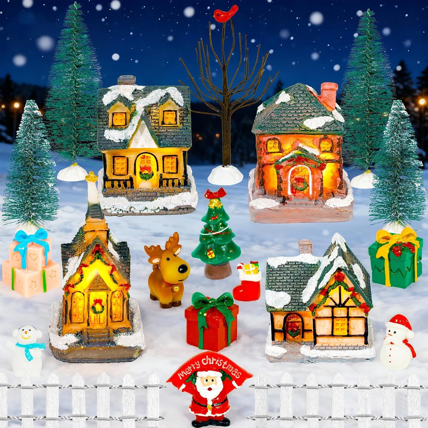 Warmtree 22 Pcs Christmas Village Houses Set, Resin Christmas Scene Village Town, Santa Tree Picket Fence Snow Figurines Accessories for Holiday Home Garden Office Festival Decor