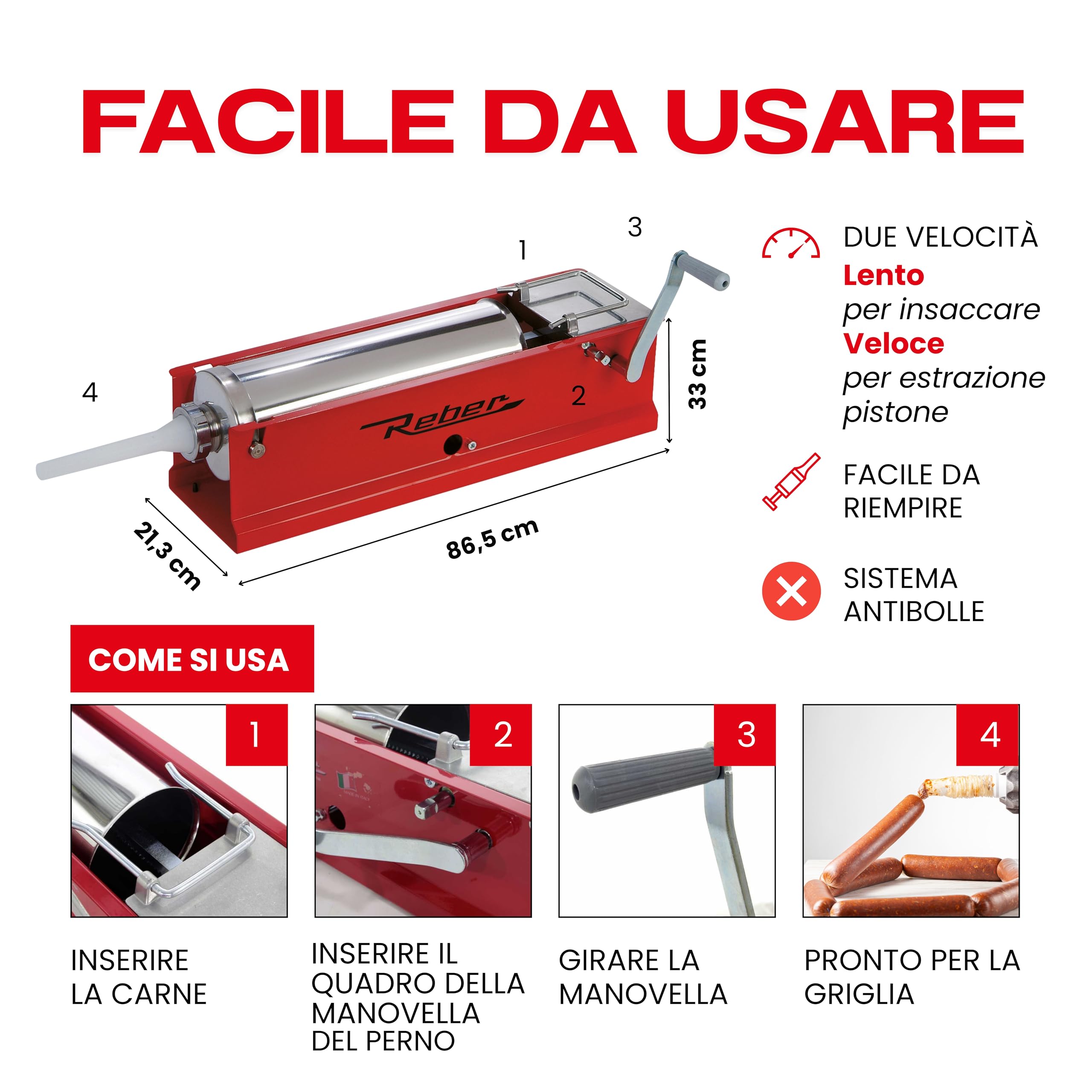 Reber Insaccatrice Manuale per Salsicce 6,8L/8KGS Orizzontale a 2 Velocità | Uso Domestico e Professionale - Struttura Robusta Acciaio INOX - Spelucchino cm. 7,5 e 4 Imbuti Inclusi