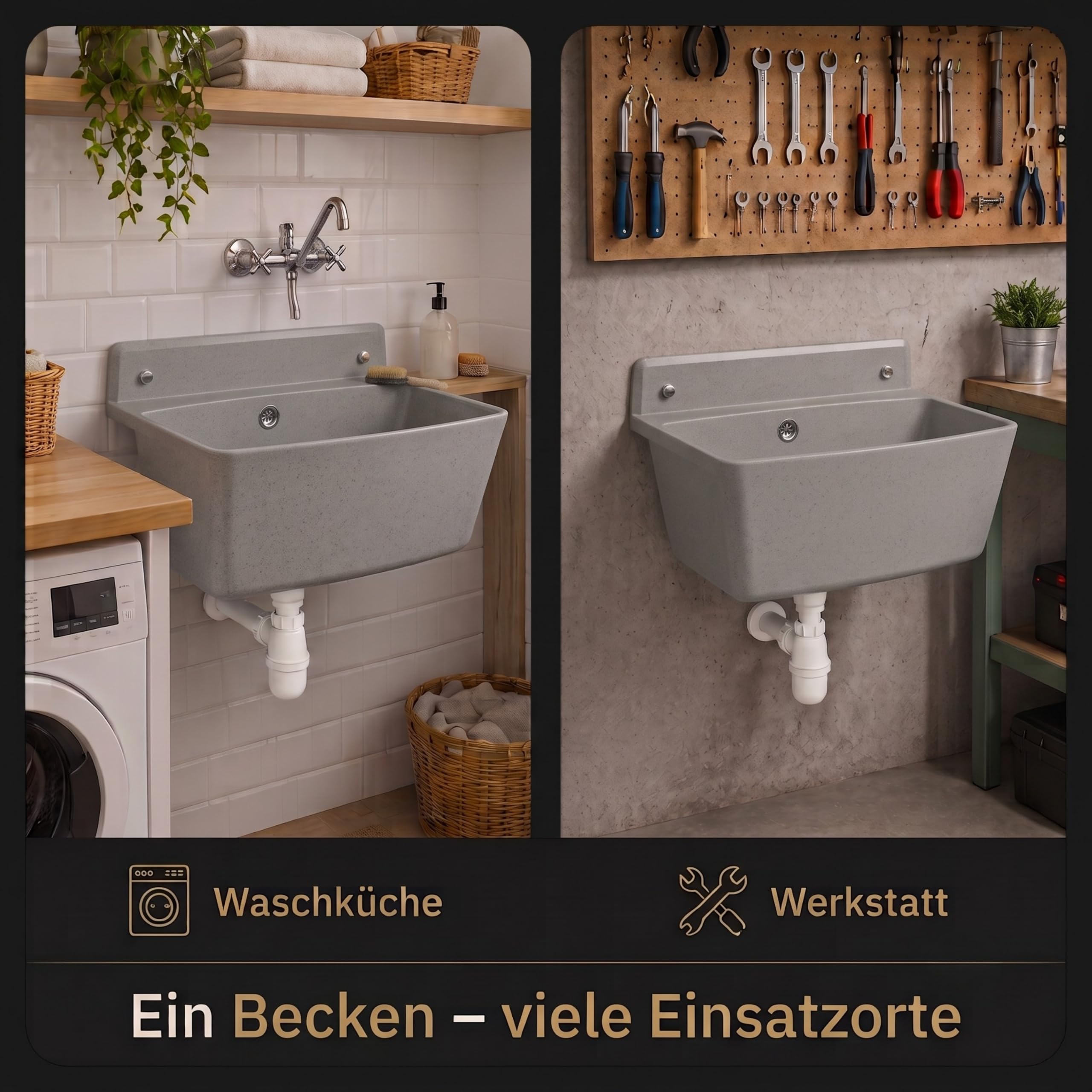 SINK Quality - Lavello profondo in plastica con sifone, per cantina, officina, garage, giardino, 55 x 42 x 33 cm, extra profondo, resistente al gelo, troppopieno e set di montaggio